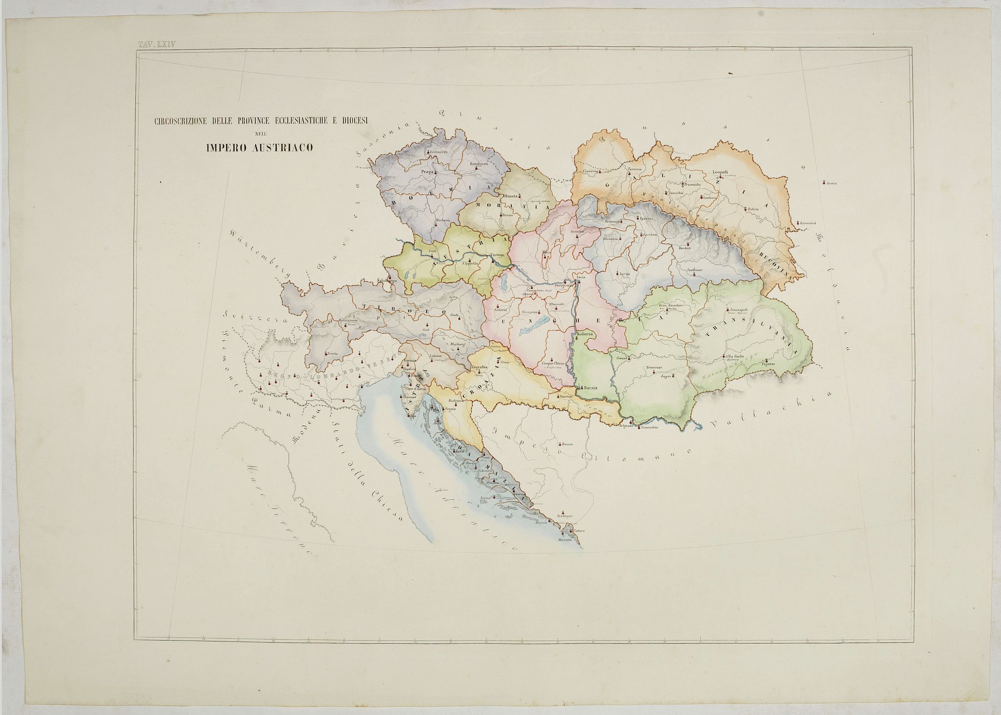 PETRI Girolamo, Circoscrizione delle province ecclesiastiche e diocesi nell Impero austriaco (Tav LXIV), antique map, old maps