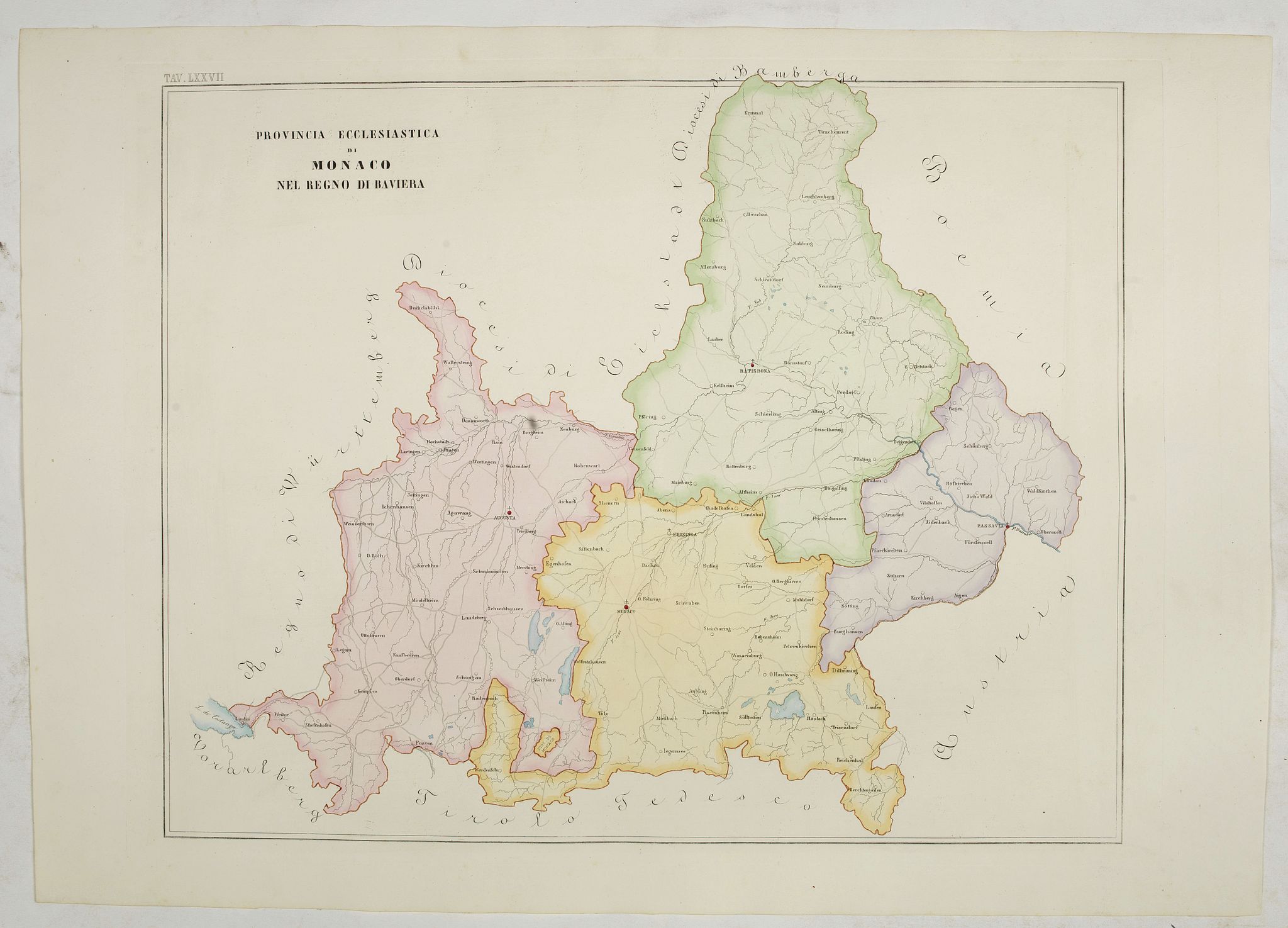 PETRI Girolamo, Province ecclesiastica di Monaco nel regno di Baviera (Tav LXXVII), antique map, old maps