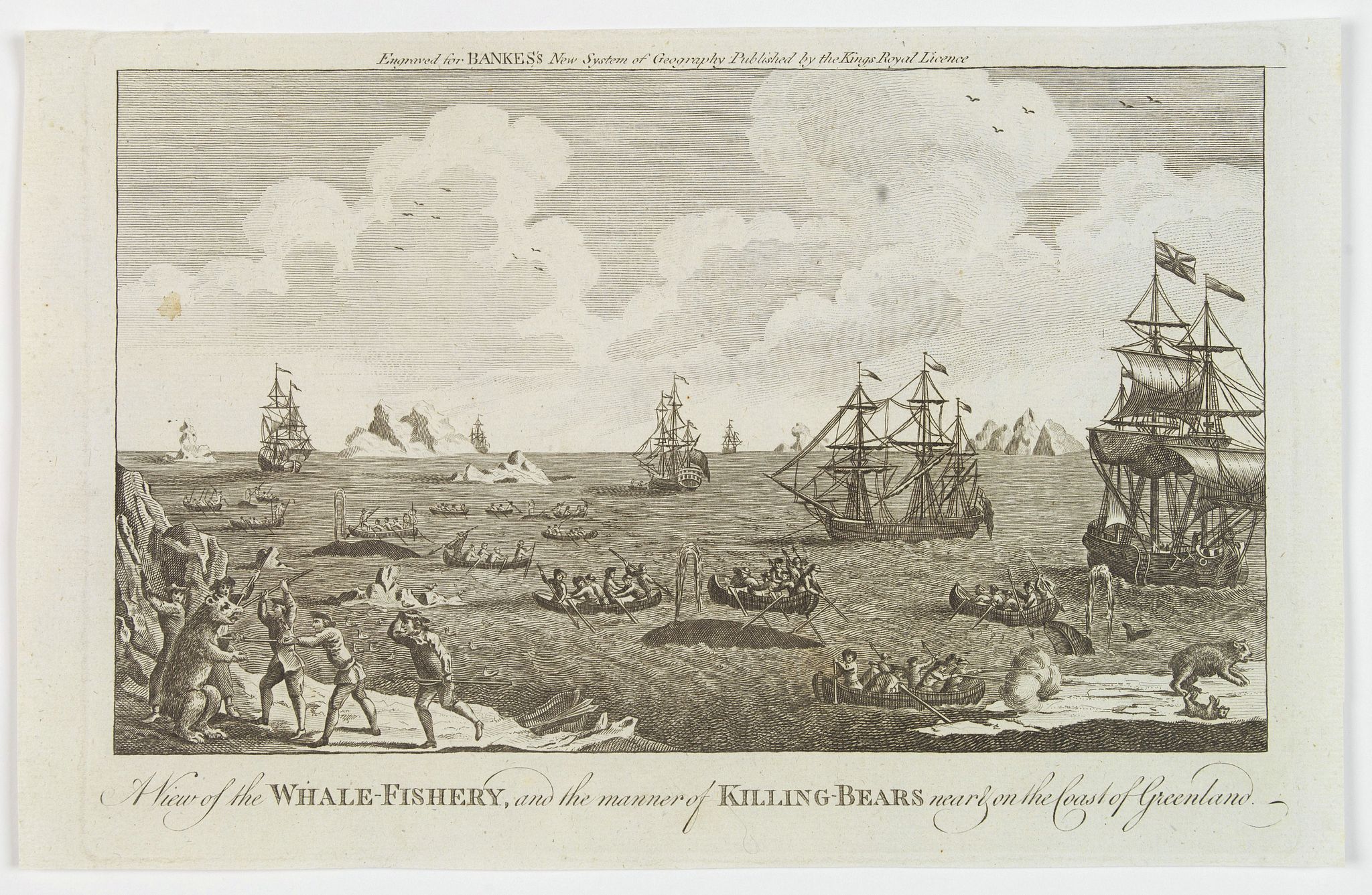 BANKES. Thomas., A View of the Whale-Fishery, and the manner of Killing-Bears near the Coast of Greenland., antique map, old maps