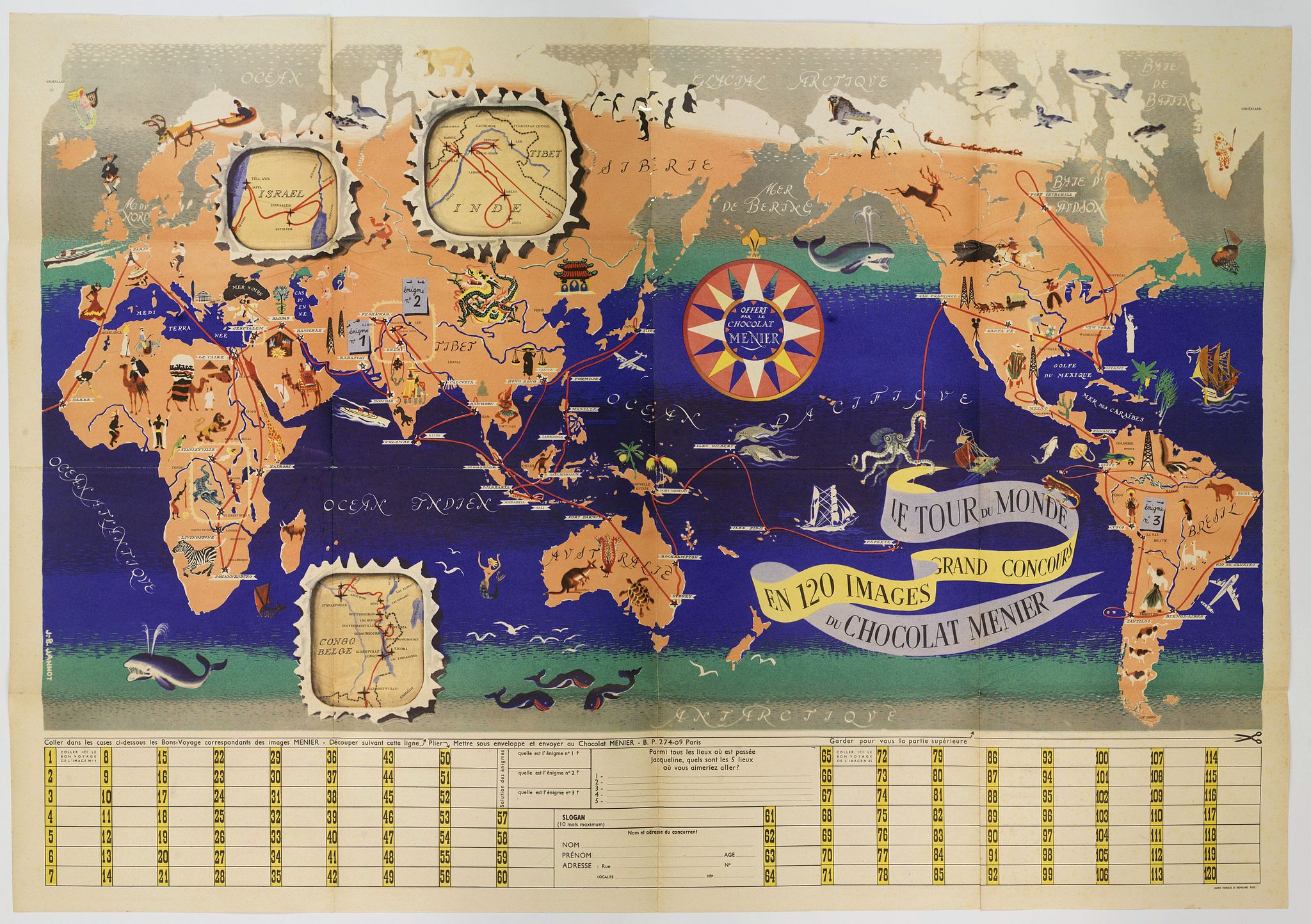 JANNOT, J.B., Le Tour du Monde en 120 Images Grand Concours du Chocolat Menier., antique map, old maps
