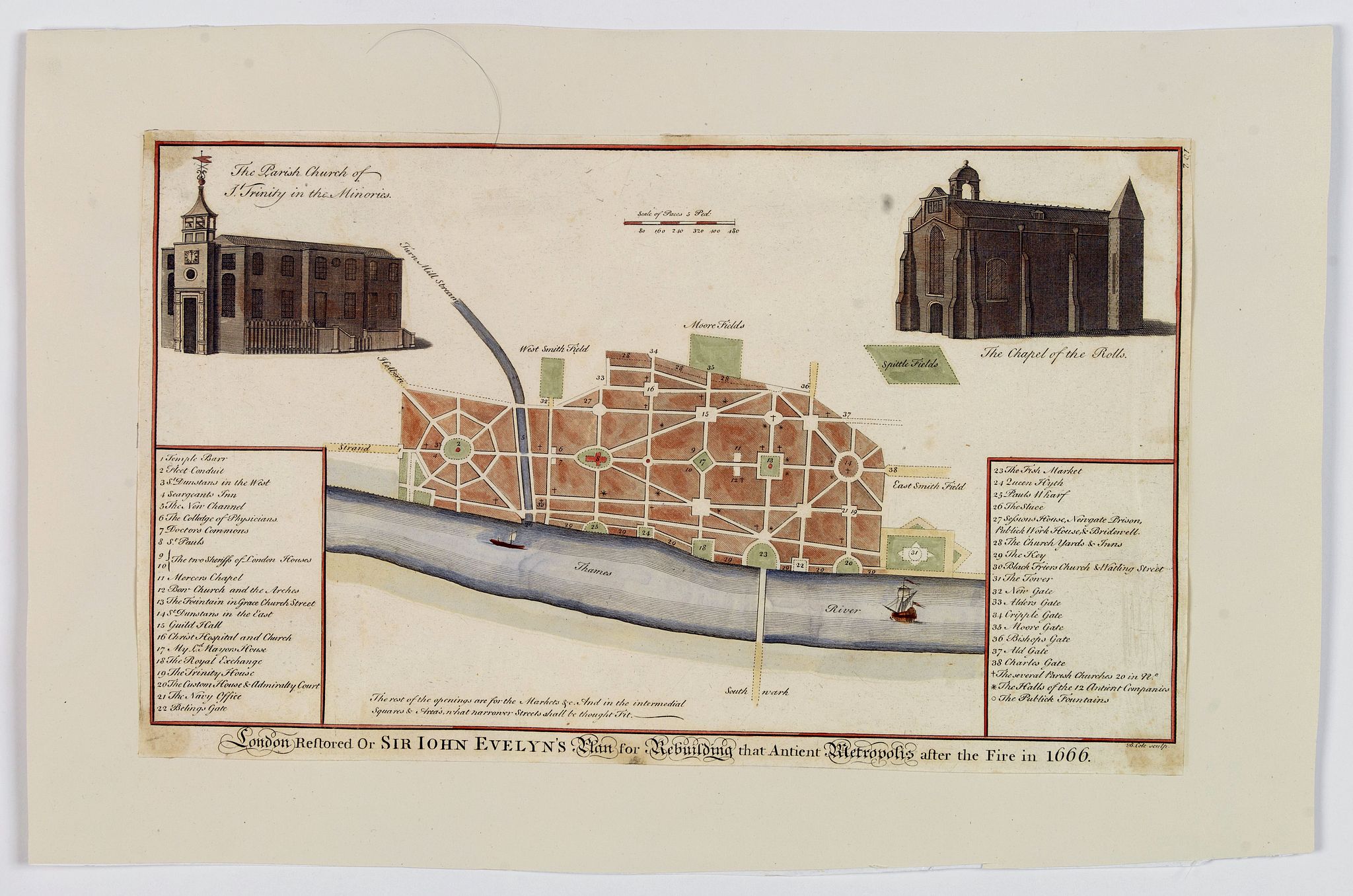 MAITLAND, William., London Restored Or Sir John Evelyn's Plan for Rebuilding that Ancient Metropolis after the Fire in 1666., antique map, old maps