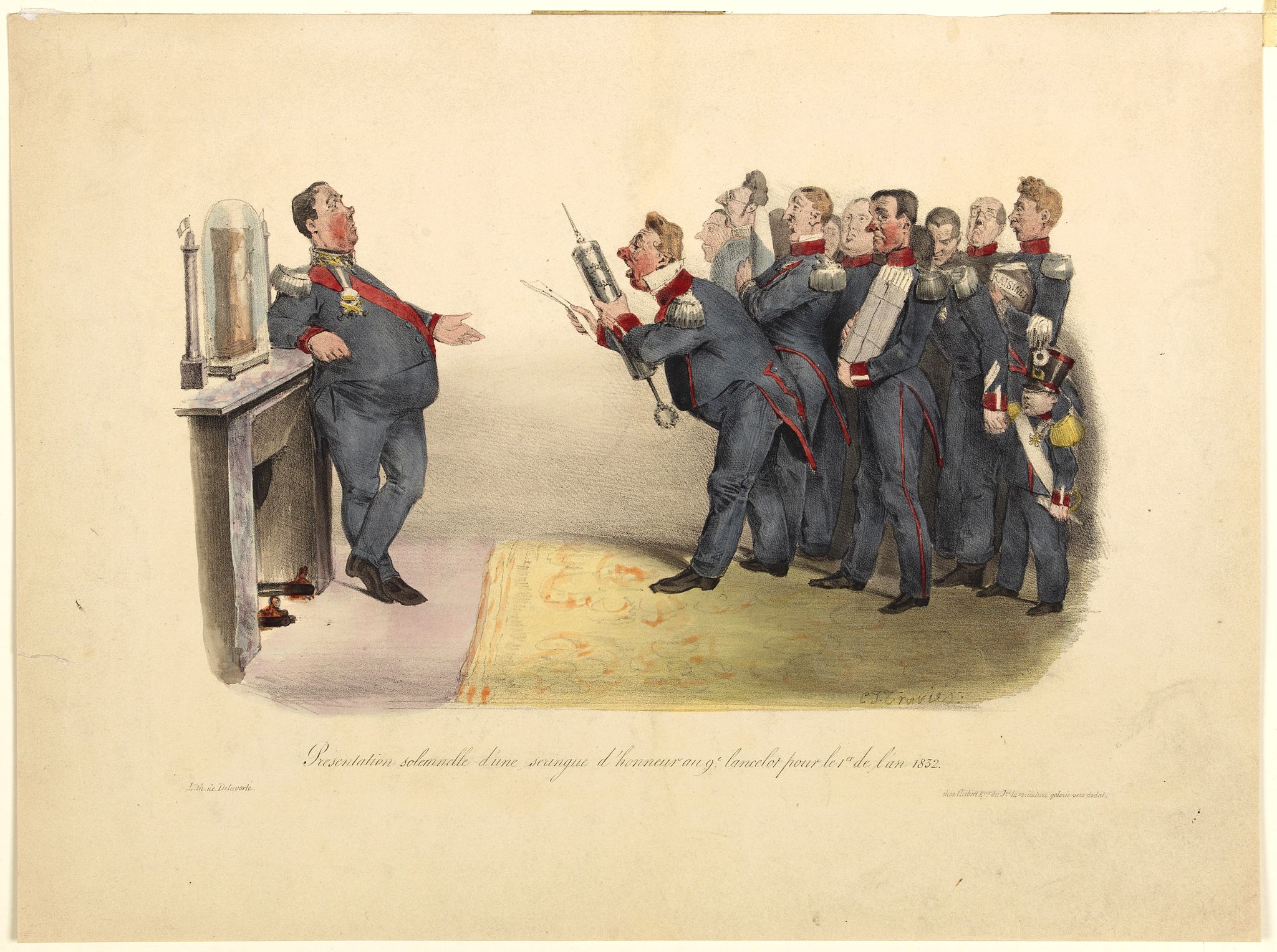 TRAVIES, Charles Joseph., Présentation solennelle d'une seringue d'honneur au 9e lancelot pour le Ier de l'an 1832., antique map, old maps