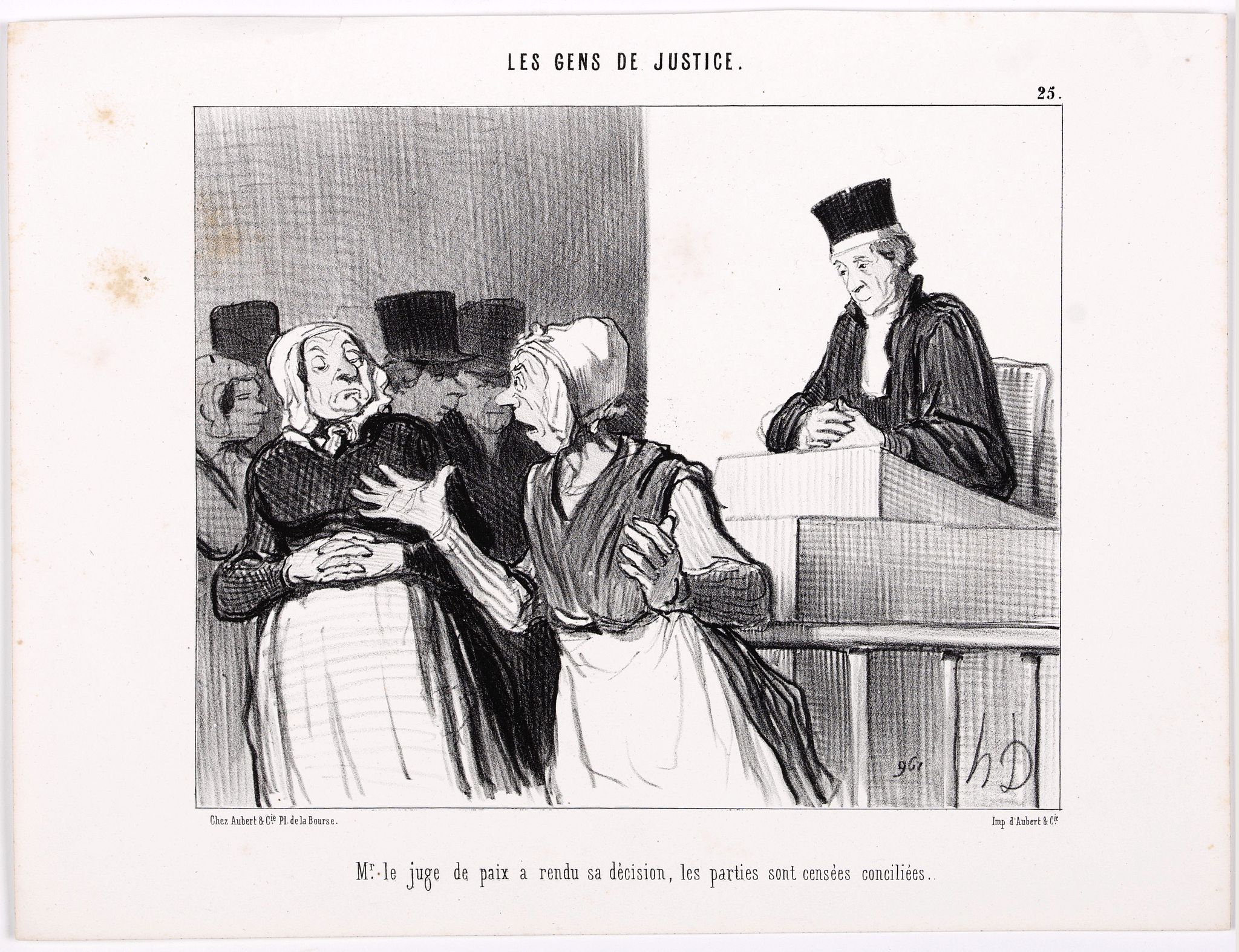 DAUMIER, H., Les Gens de Justice. - Mr. le juge de paix a rendu sa décision, les parties sont censées conciliées. (pl 25)., antique map, old maps