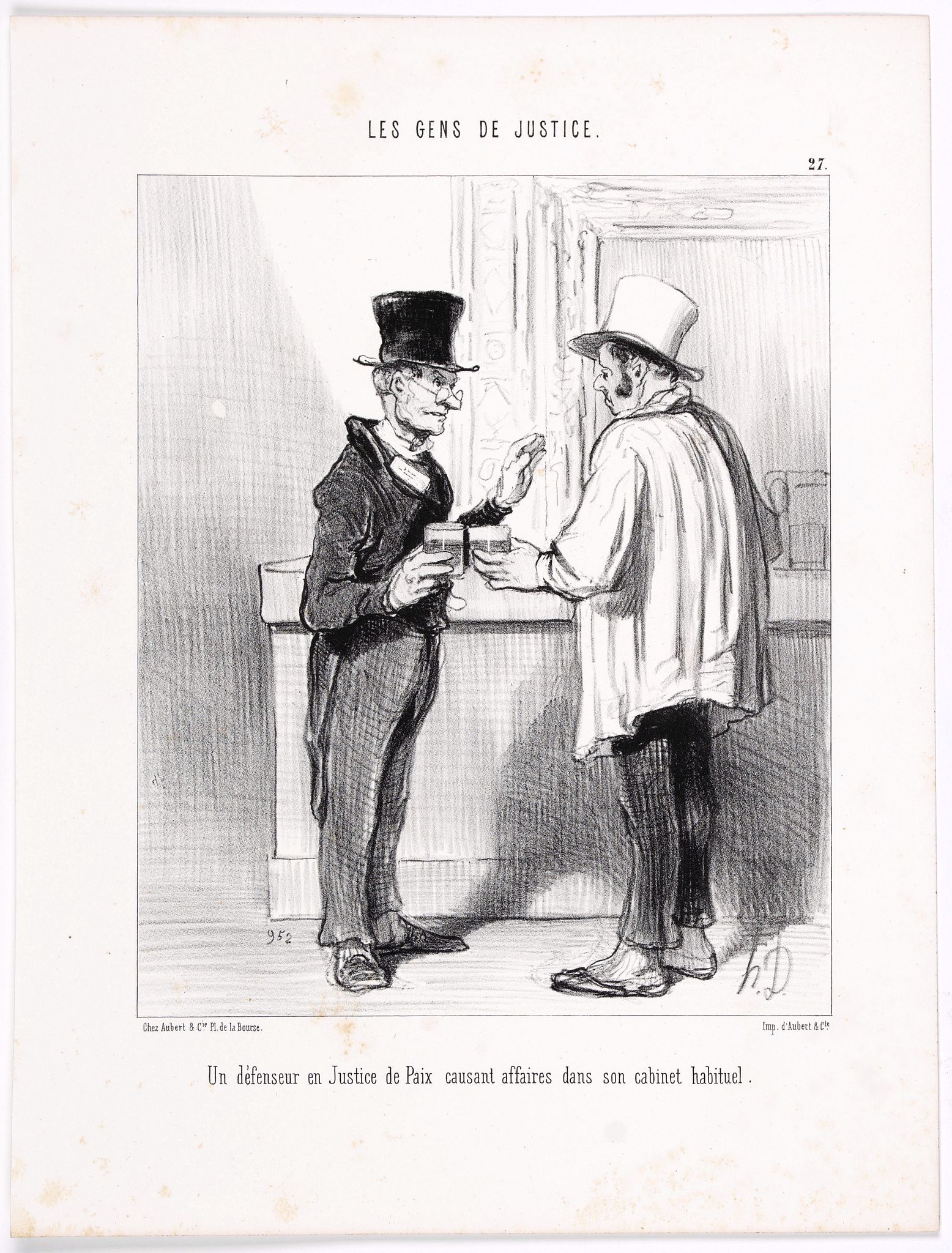 DAUMIER, H., Les Gens de Justice. - Un défenseur en Justice de Paix causant des affaires dans son cabinet habituel. (pl 27)., antique map, old maps