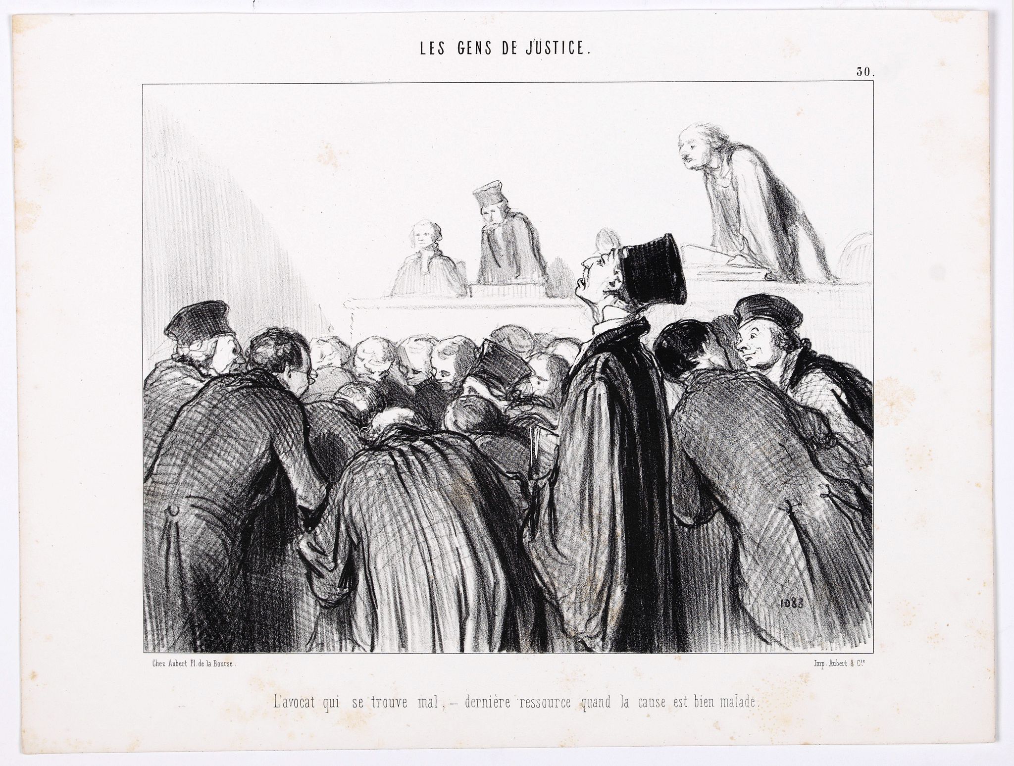 DAUMIER, H., Les Gens de Justice. - L'avocat qui se trouve mal - dernière ressource quand la cause est bien malade. (pl 30), antique map, old maps