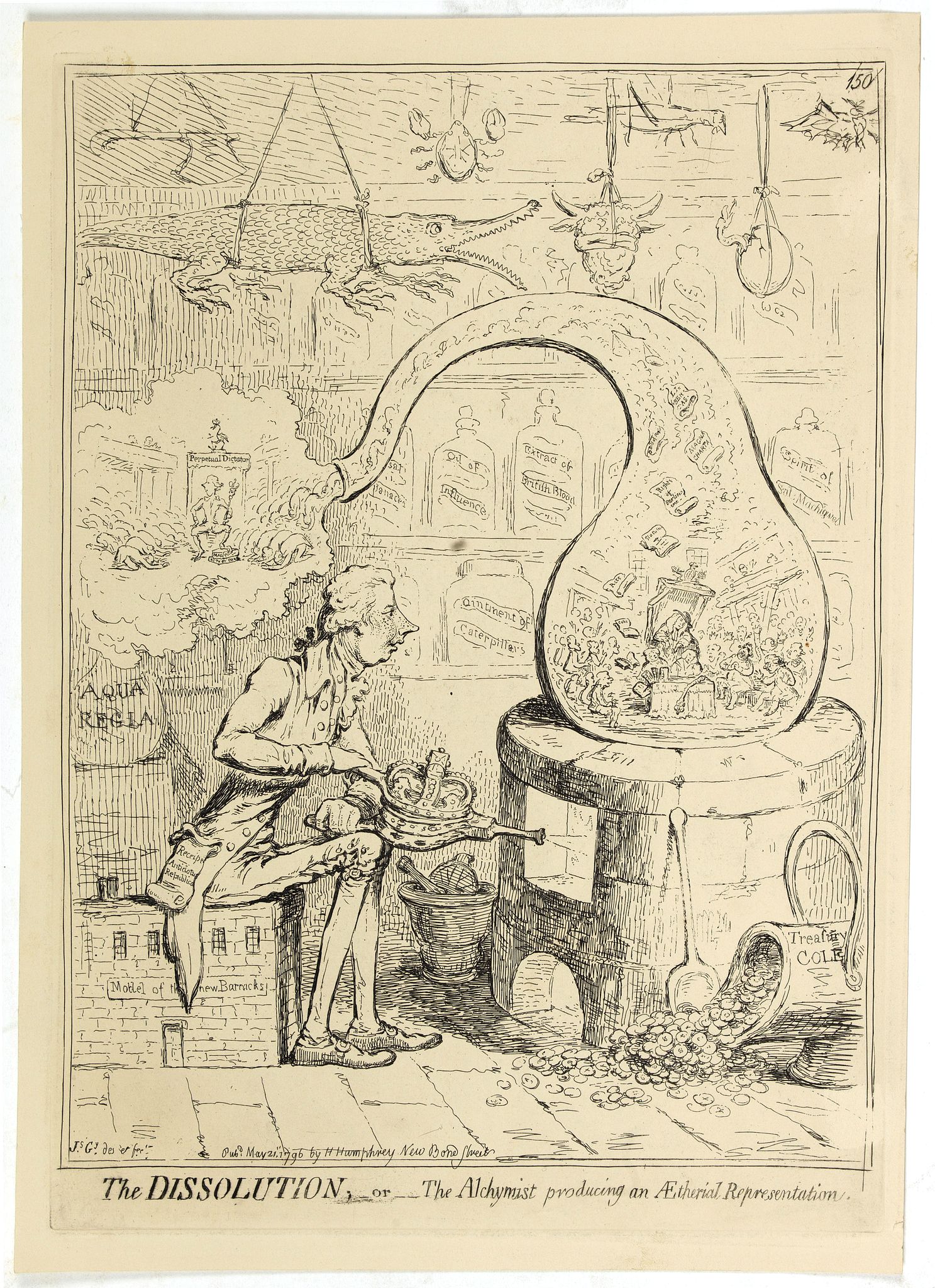 GILLRAY, J., The dissolution; or the Alchymist producing an Aetherial Representation. (150)., antique map, old maps