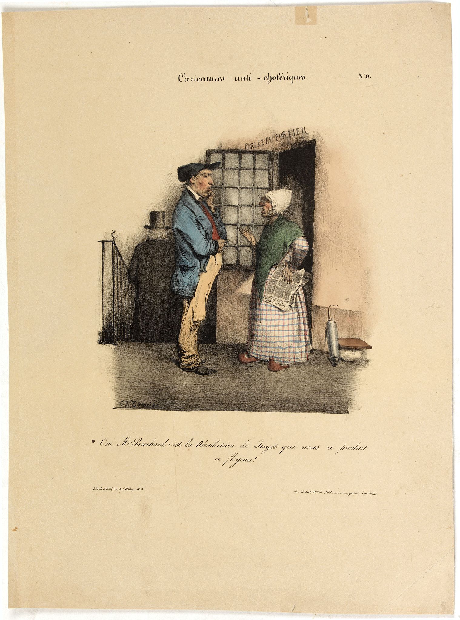 AUBERT, B., Caricature anti-cholérique. Oui Mr Patochard c'est la Révolution de Juyet qui nous a produit ce fleyeau!. (pl 9), antique map, old maps