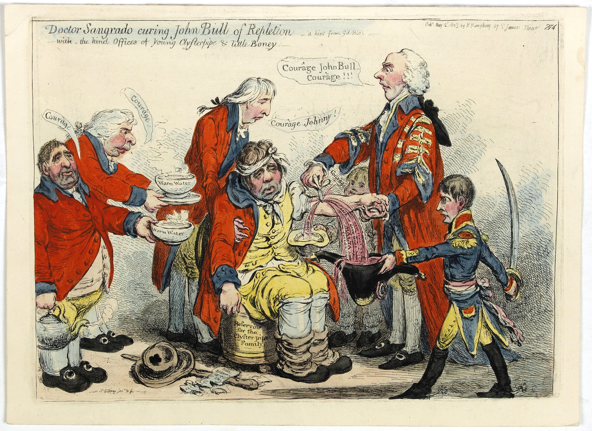 GILLRAY, James., Doctor Sangrado curing John Bull of repletion-with the kind offices of young Clysterpipe & little Boney- a hint from Gil Blas. (pl 274) / verso: A Phantasmagoria - scene conjuring up an armed skeleton., antique map, old maps
