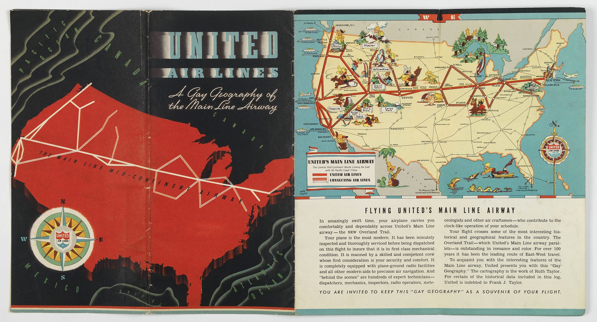UNITED AIRLINES., United Airways. A Gay Geography of the Main Line Airway., antique map, old maps