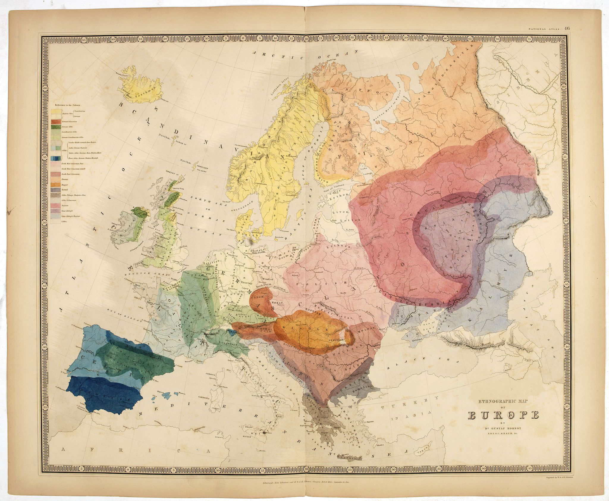 JOHNSTON, J., Ethnographic map of Europe by dr. Gustaf Kombst., antique map, old maps