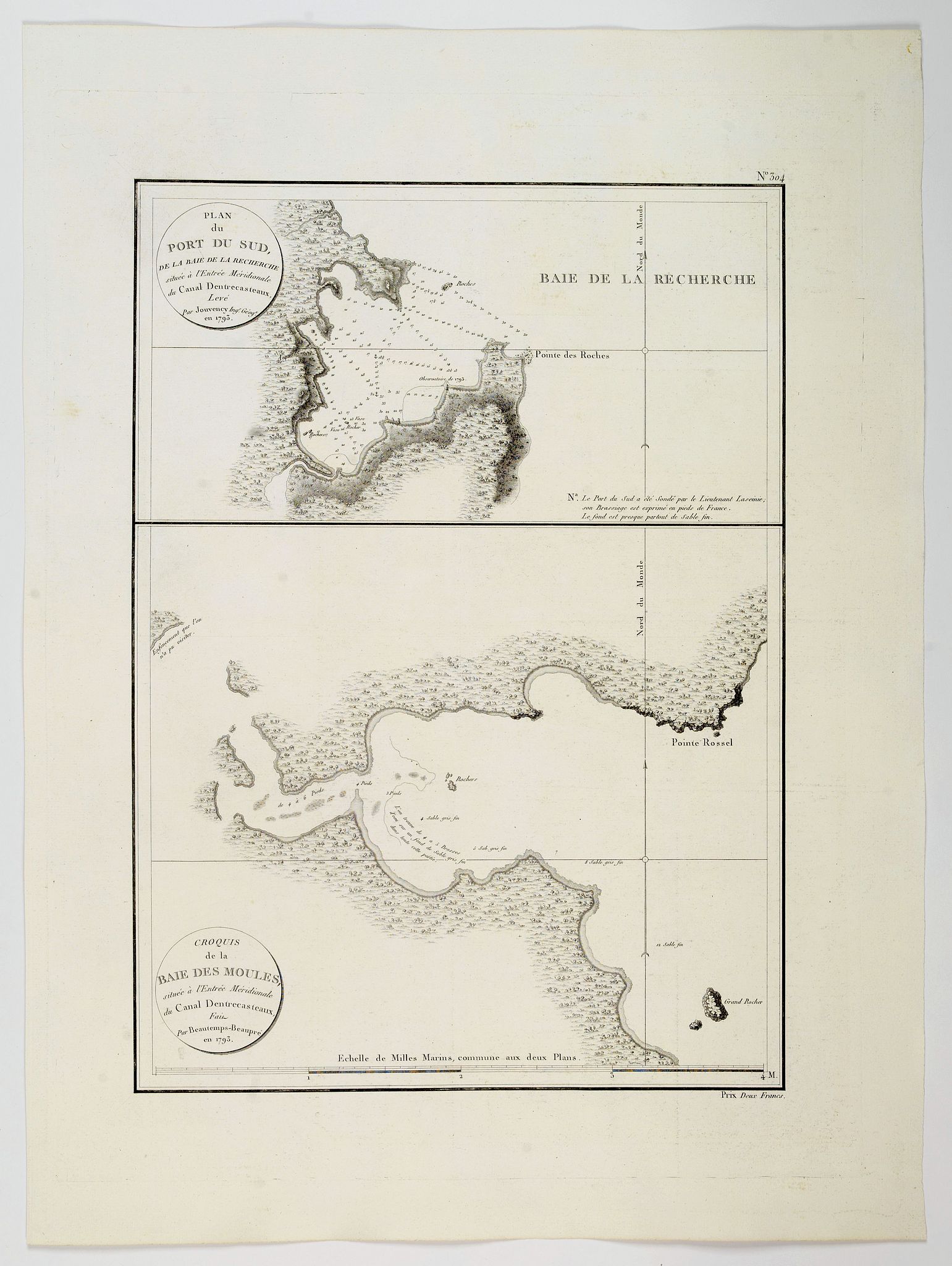 JOUVENCY / BEAUTEMPS-BEAUPRE., Plan du Port du Sud de la Baie de la Recherche / Croquis de la Baie des Moules. . ., antique map, old maps