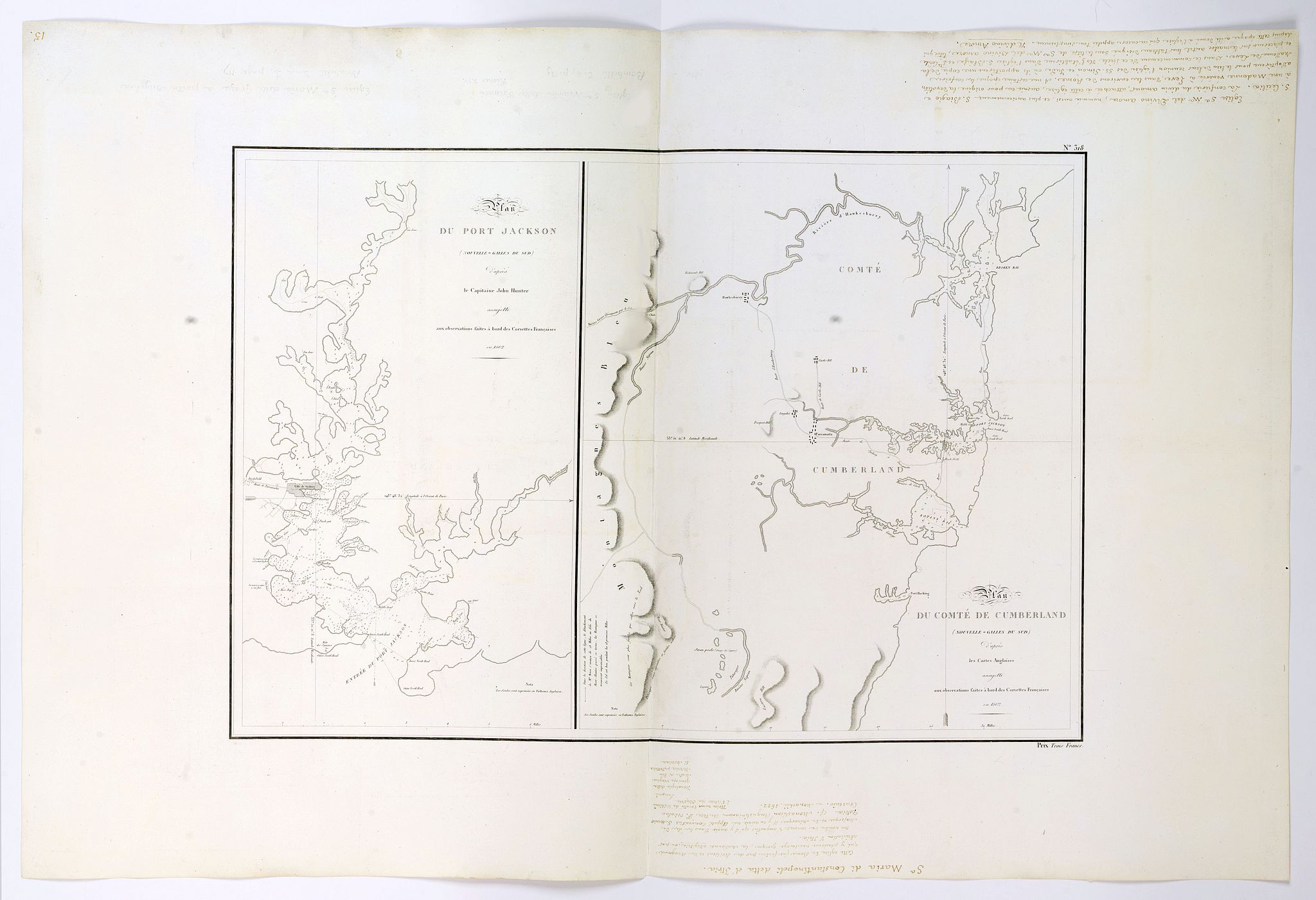 de FREYCINET, L.C.D. / BEAUTEMPS-BEAUPRE, C.-F.,, Plan du Port Jackson / Plan du Comte de Cumberland., antique map, old maps