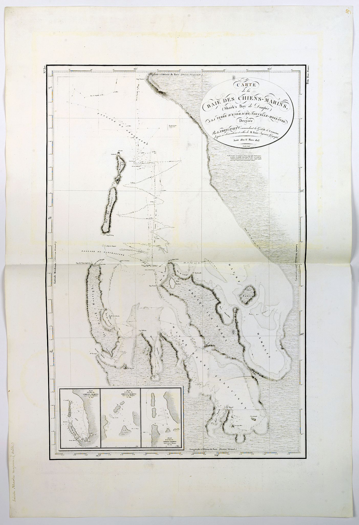 de FREYCINET, L.C.D. / BEAUTEMPS-BEAUPRE, C.-F.,, Carte de la Baie des Chiens-Marins (Shark's Bay de Dampier). . ., antique map, old maps