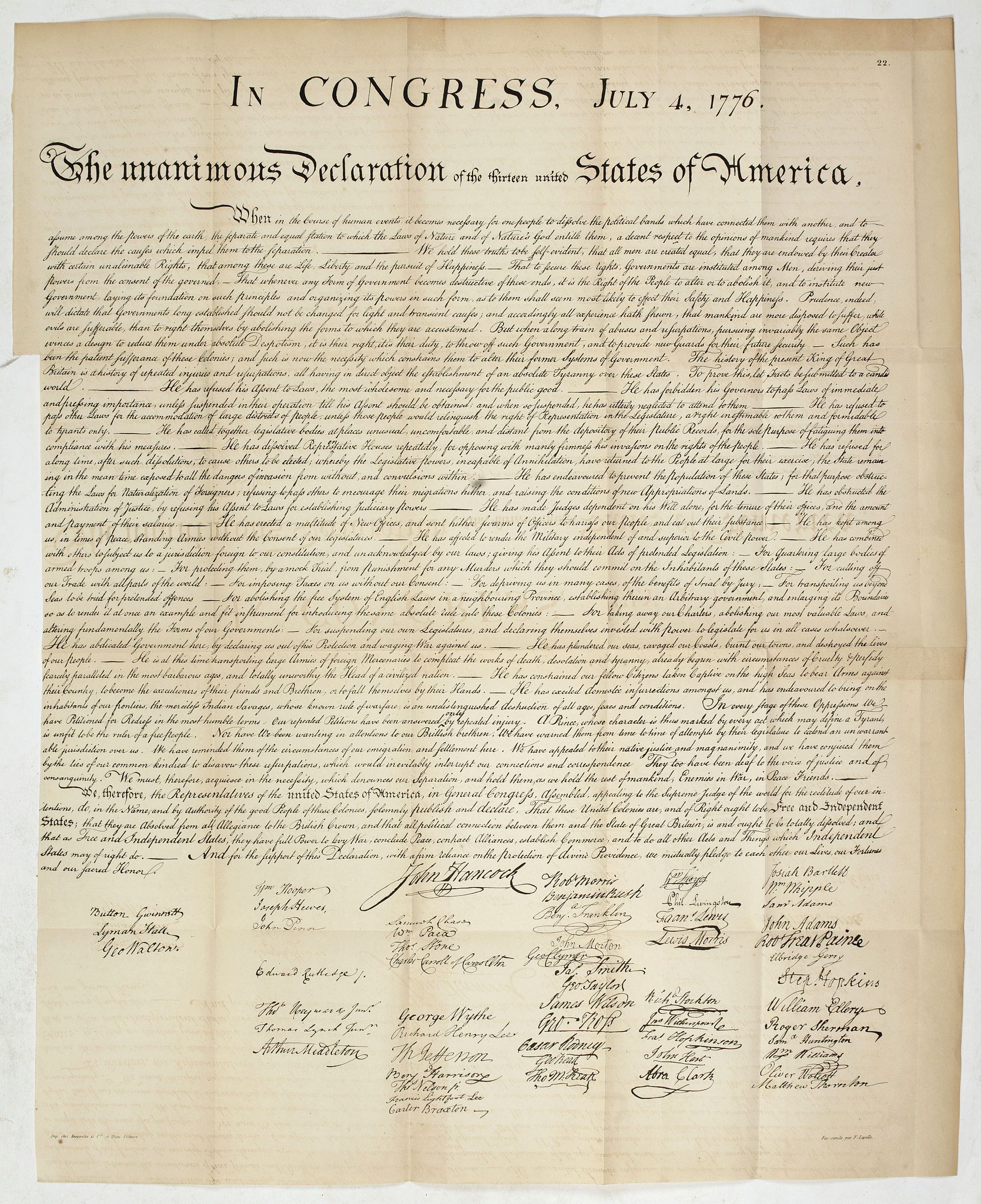 WASHINGTON, G./ SPARKS, J. / GUIZOT, F., In congress, July 4, 1776. The unanimous declaration of the thirteen united Styates of America., antique map, old maps