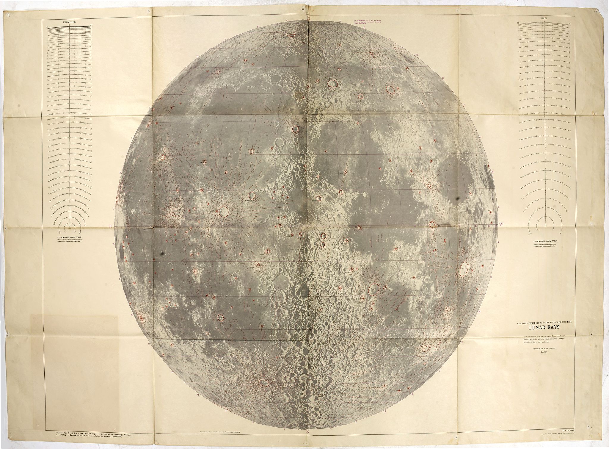 ARMY MAP SERVICE, Engeneer special study of the surface of the moon LUNAR RAYS, antique map, old maps