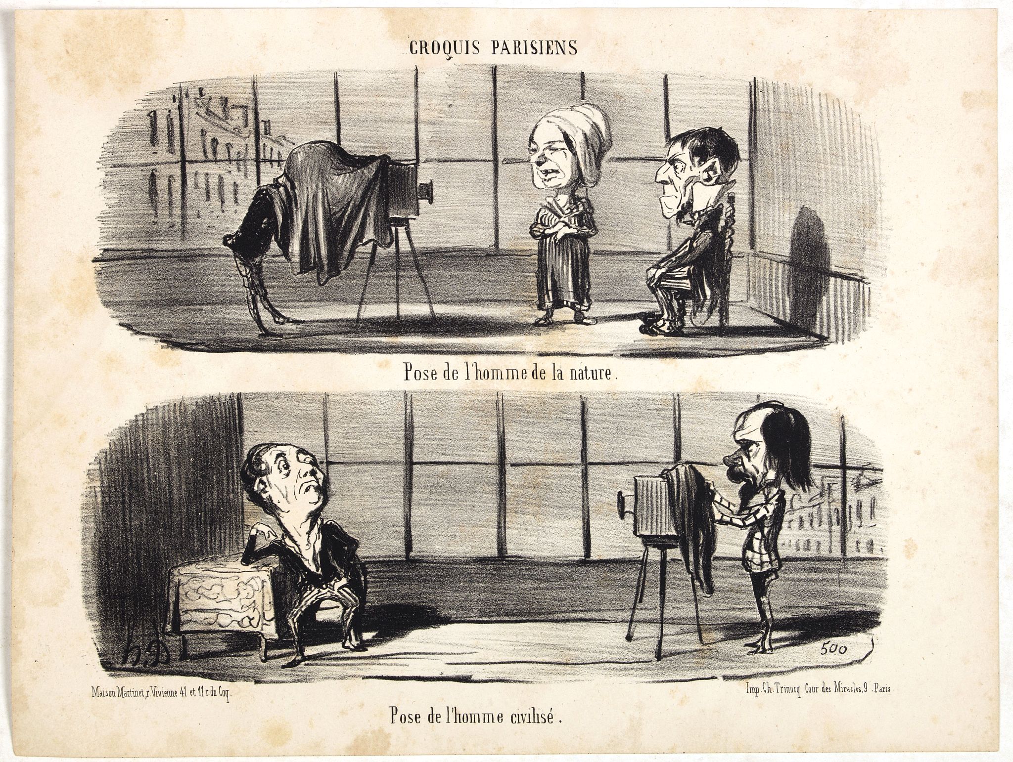 DAUMIER, H., Croquis Parisiens - ''Pose de l'homme de la nature. - Pose de l'homme civilisé.'', antique map, old maps