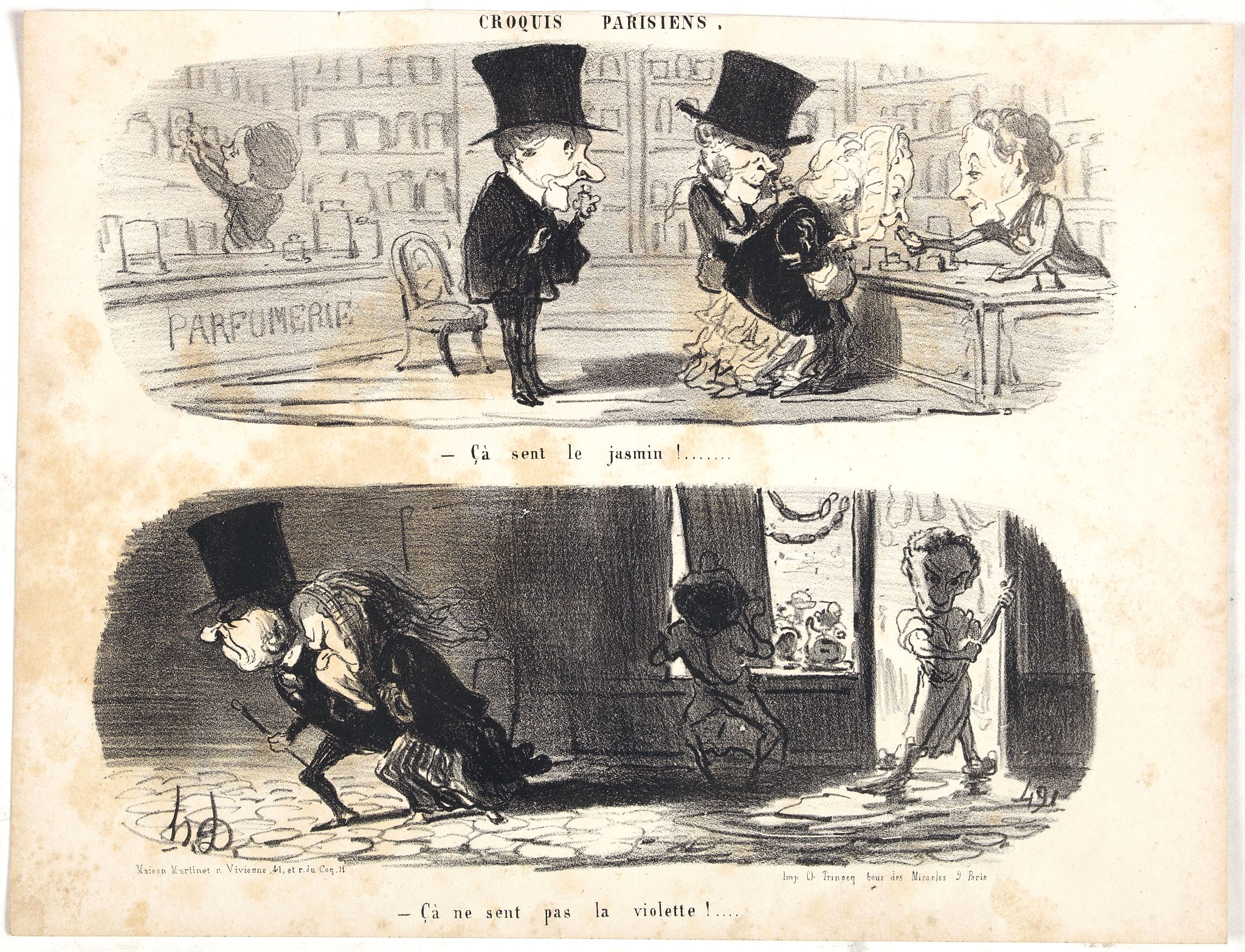 DAUMIER, H., Croquis Parisiens - ''Ça sent le jasmin!....... - Ça ne sent pas la violette!......''., antique map, old maps