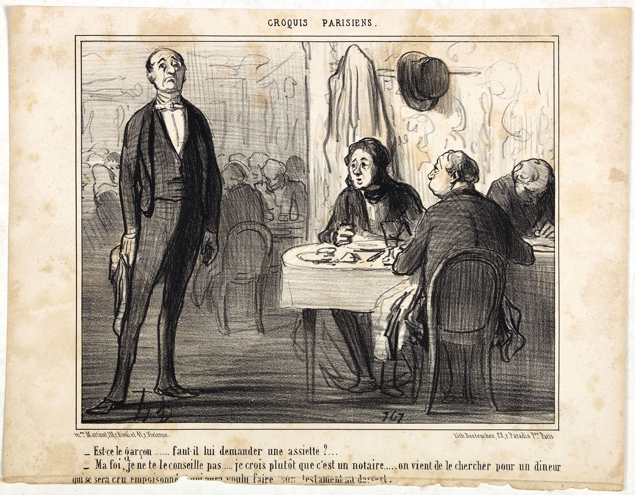 DAUMIER, H., Croquis Parisiens - ''Est-ce le garçon..... faut-il lui demander une assiette? …'', antique map, old maps