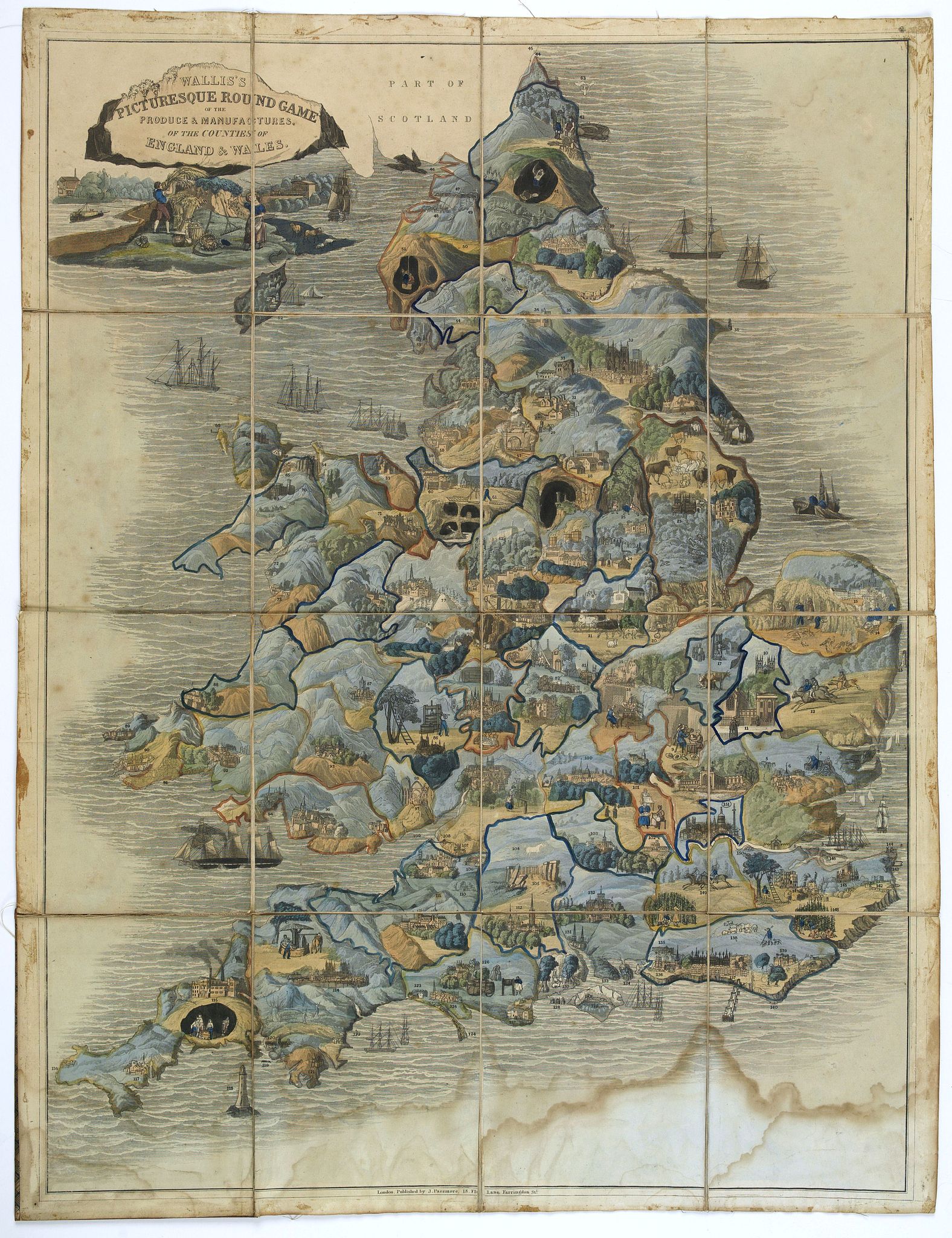WALLIS / PASSMORE., Wallis's Round Game of the Produce and Manufactures of the Counties of England and Wales., antique map, old maps