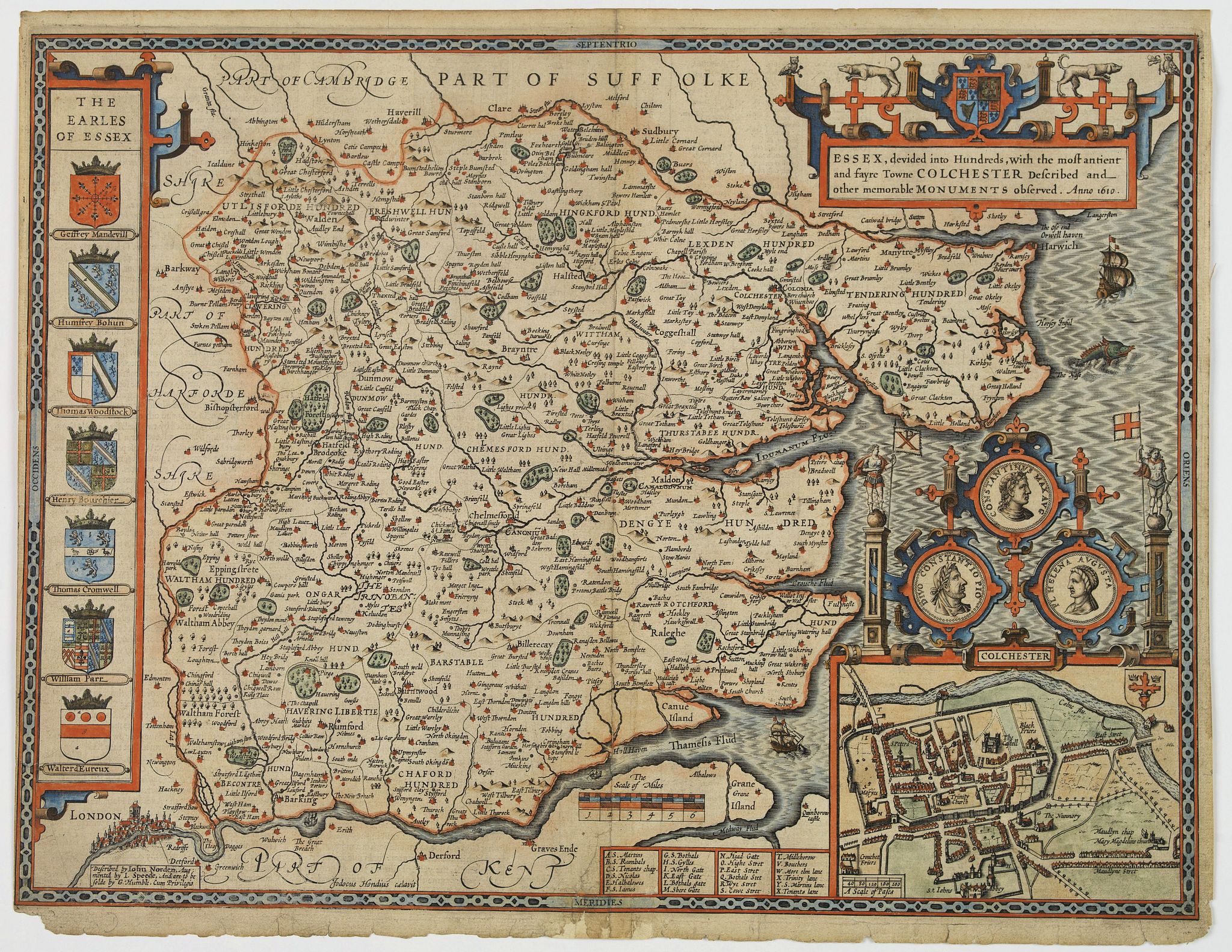 SPEED, John., Essex, divided into Hundreds, with the most ancient and fayre Towne Colchester described. . ., antique map, old maps