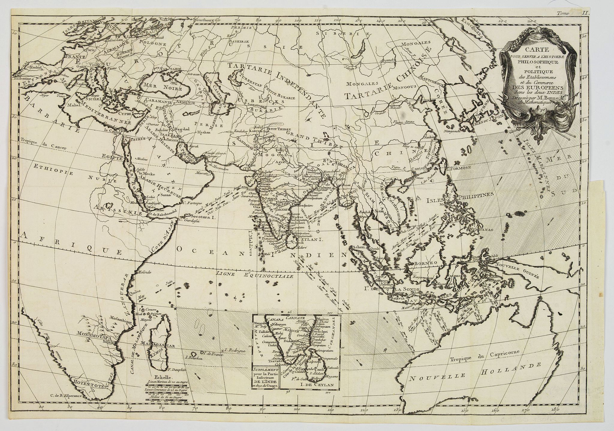 BONNE, R., Carte pour servir a l’Histoire Philosophique et Politique des Etablissemens et du Commerce des Européens. . ., antique map, old maps