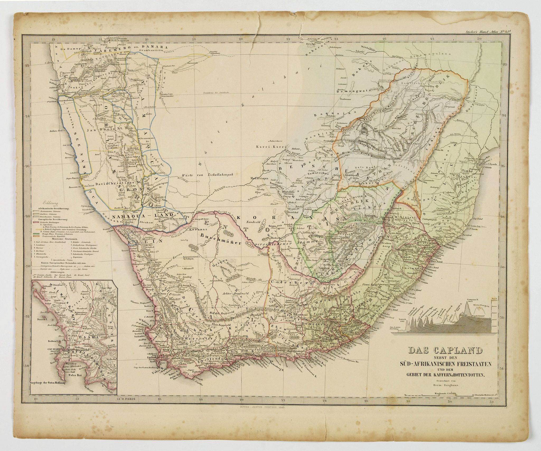 STIELER, Adolf., Das Capland nebst den Sud-Afrikanischen Freistaaten und dem gebeit der Kaffern & Hottentotten., antique map, old maps