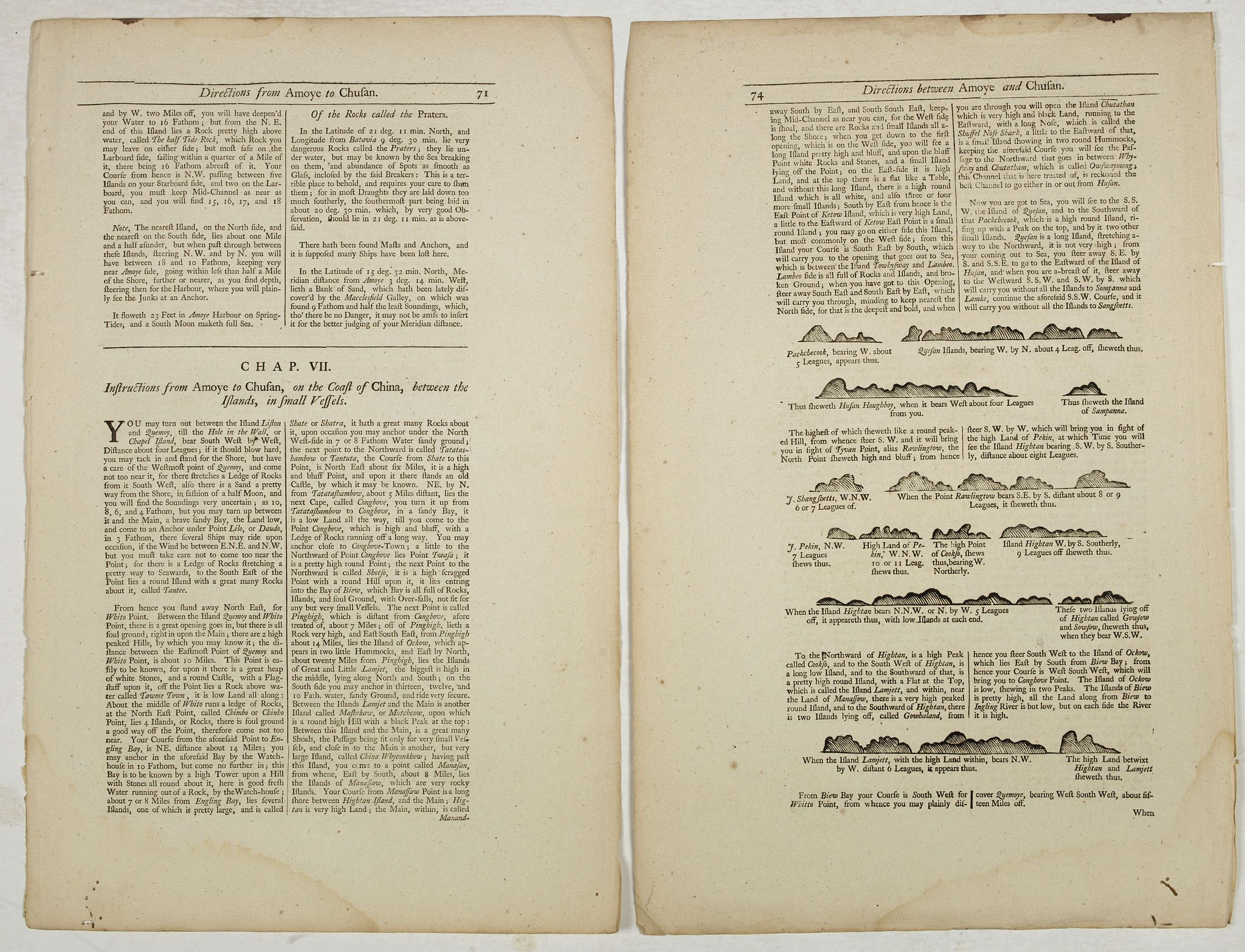 THORNTON, S., Two double sided pages No’s 71, 72, 73, 74 (Instructions from Amoye to Chusan, on the Coast of China, between the Islands, in small vessels.)., antique map, old maps