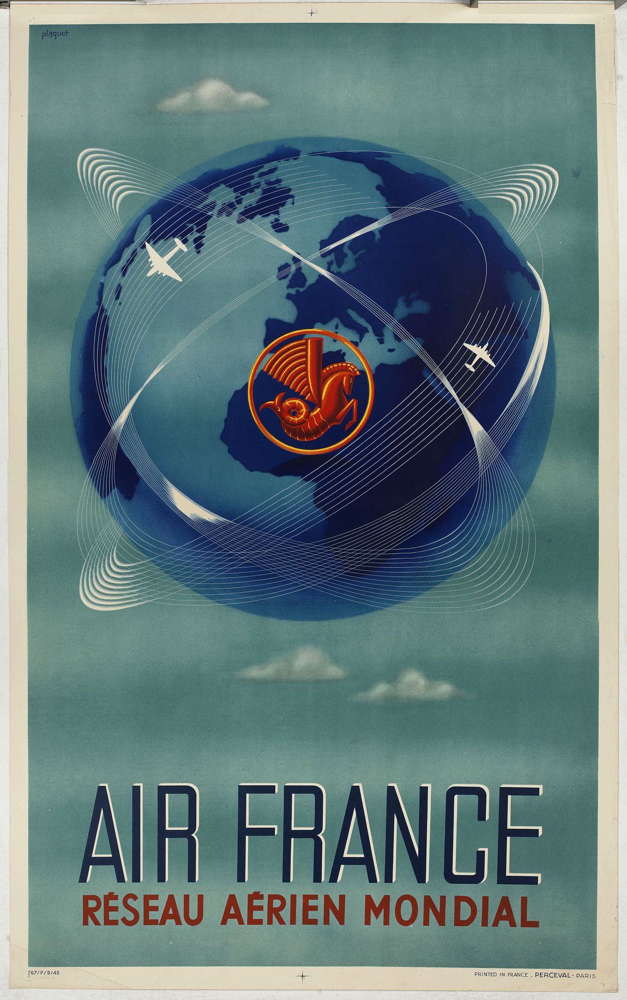 PLAQUET. / AIR FRANCE, Réseau aérien mondial., antique map, old maps