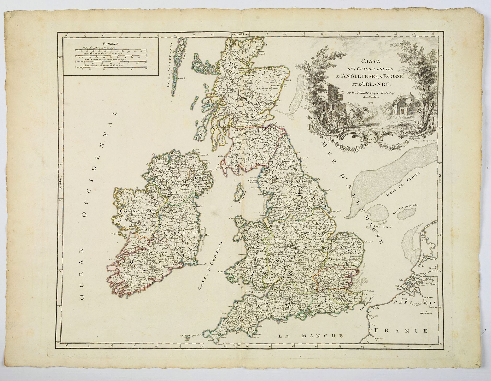 DE VAUGONDY, R., Carte des Grandes Routes d'Angleterre, d'Ecosse, et d'Irlande., antique map, old maps