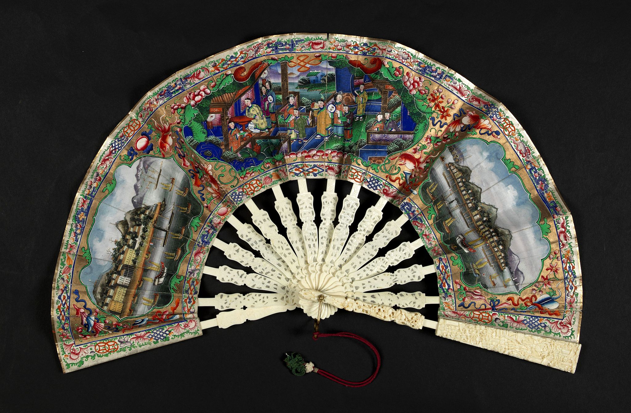 ANONYMOUS, A fan combines views of Hong Kong (right), Canton (left), China, ca 1850-1860., antique map, old maps
