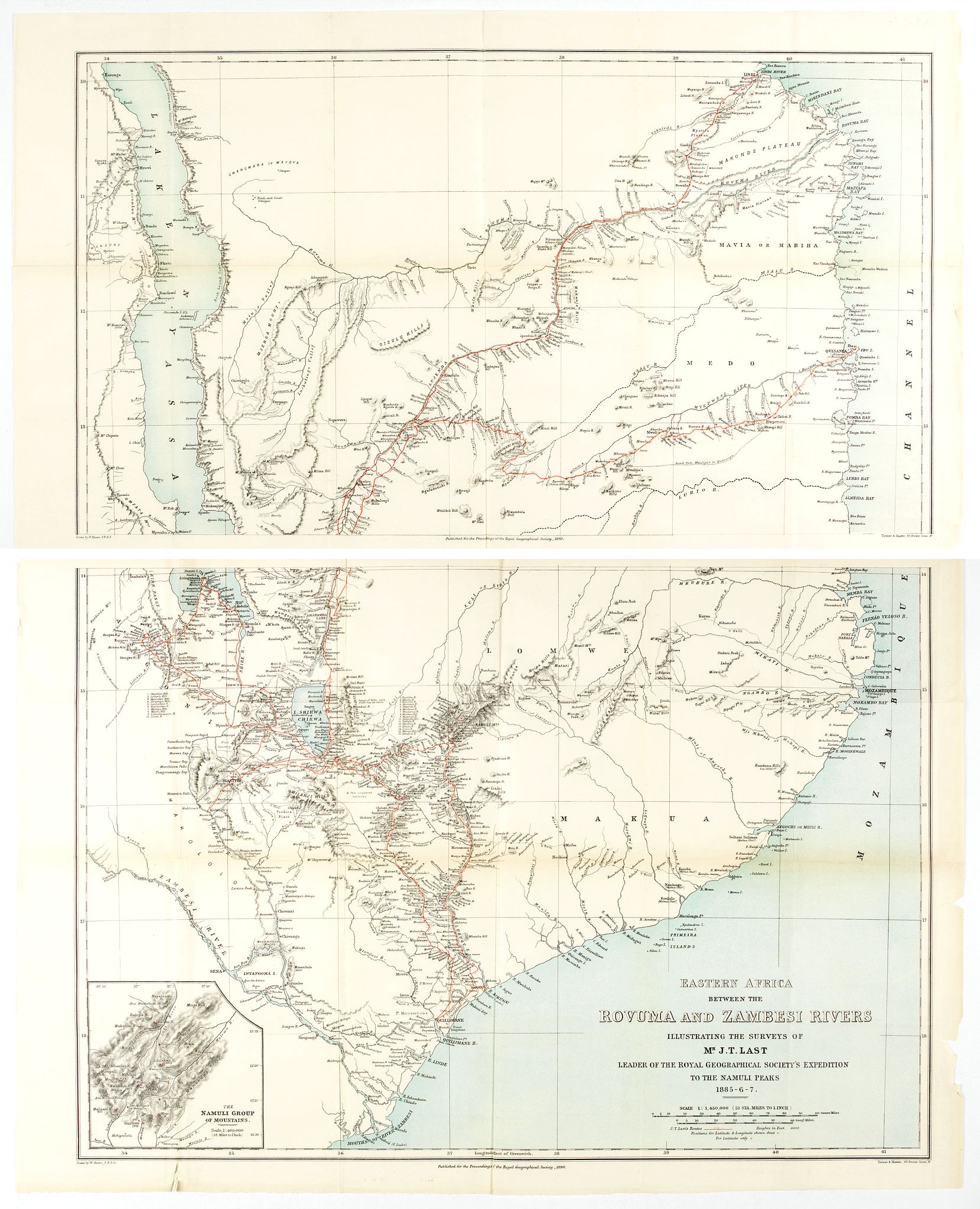 ROYAL GEOGRAPHICAL SOCIETY, Eastern Africa beteween the Rovuma and Zambesi rivers illustrating the surveys of Mr. J.T. Last.. . ., antique map, old maps