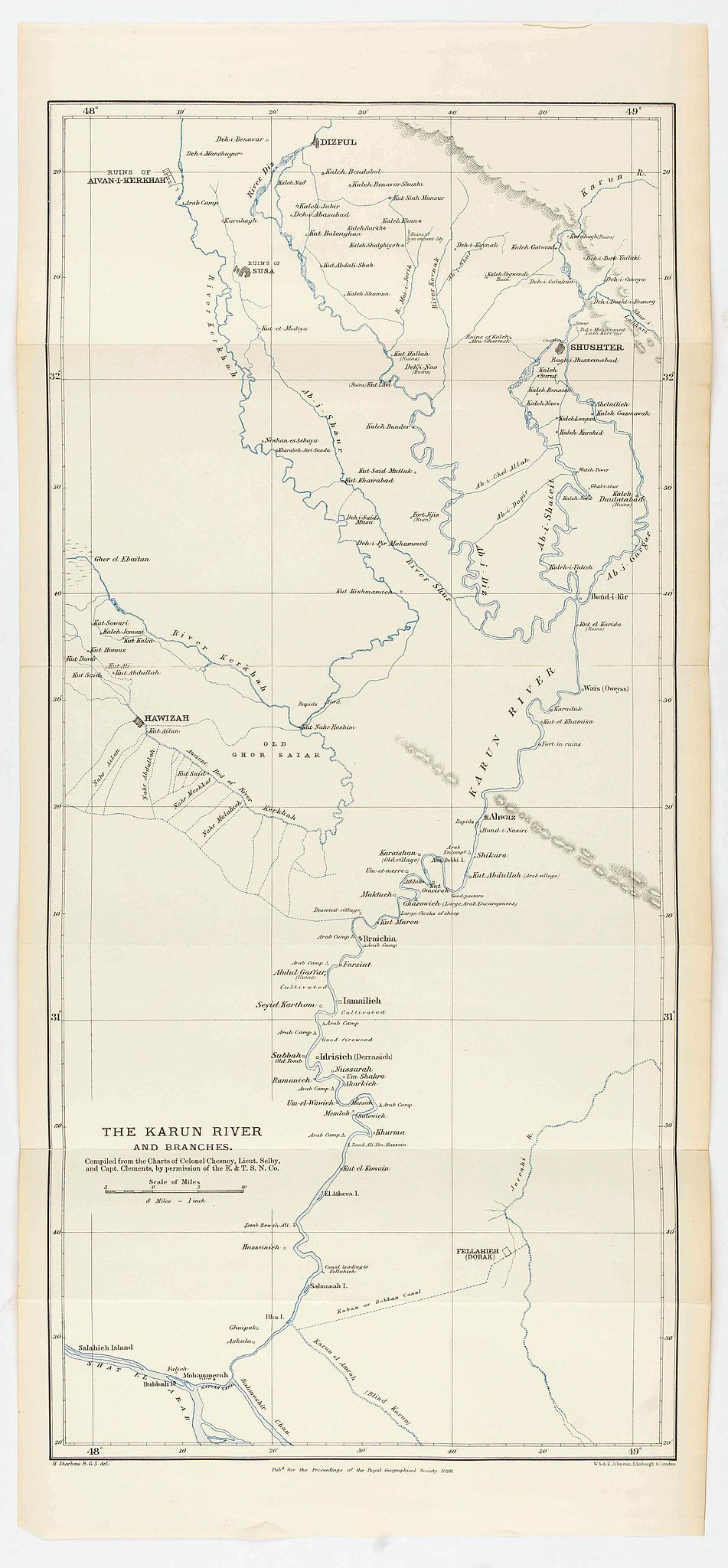 ROYAL GEOGRAPHICAL SOCIETY, The Karun River and branches., antique map, old maps