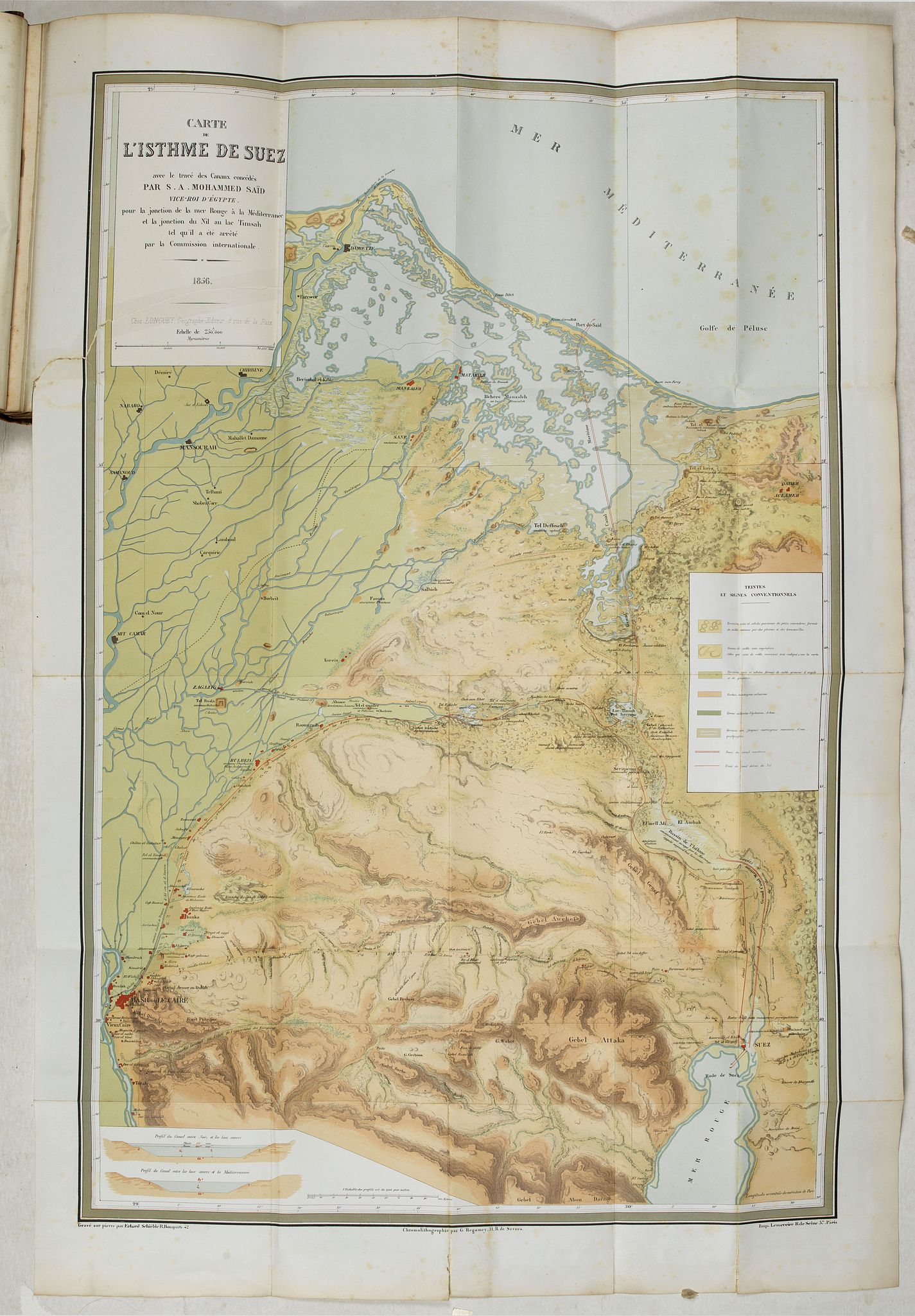 LESSEPS, Ferdinand de., Percement de l'isthme de Suez. Atlas des cartes, plans, sondages, profils et forages à l'appuie du projet de la commission internationale. . ., antique map, old maps