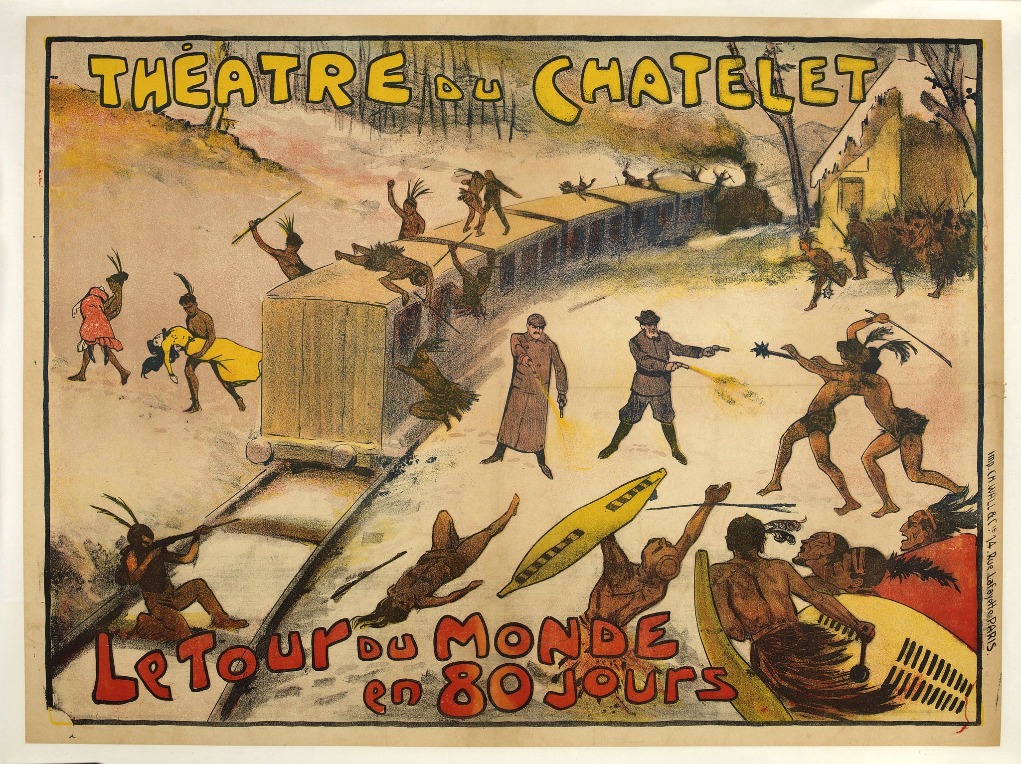GUERIN-MULLER & CIE., Théâtre du Châtelet. Le Tour du Monde en 80 jours. (The attack of the train)., antique map, old maps