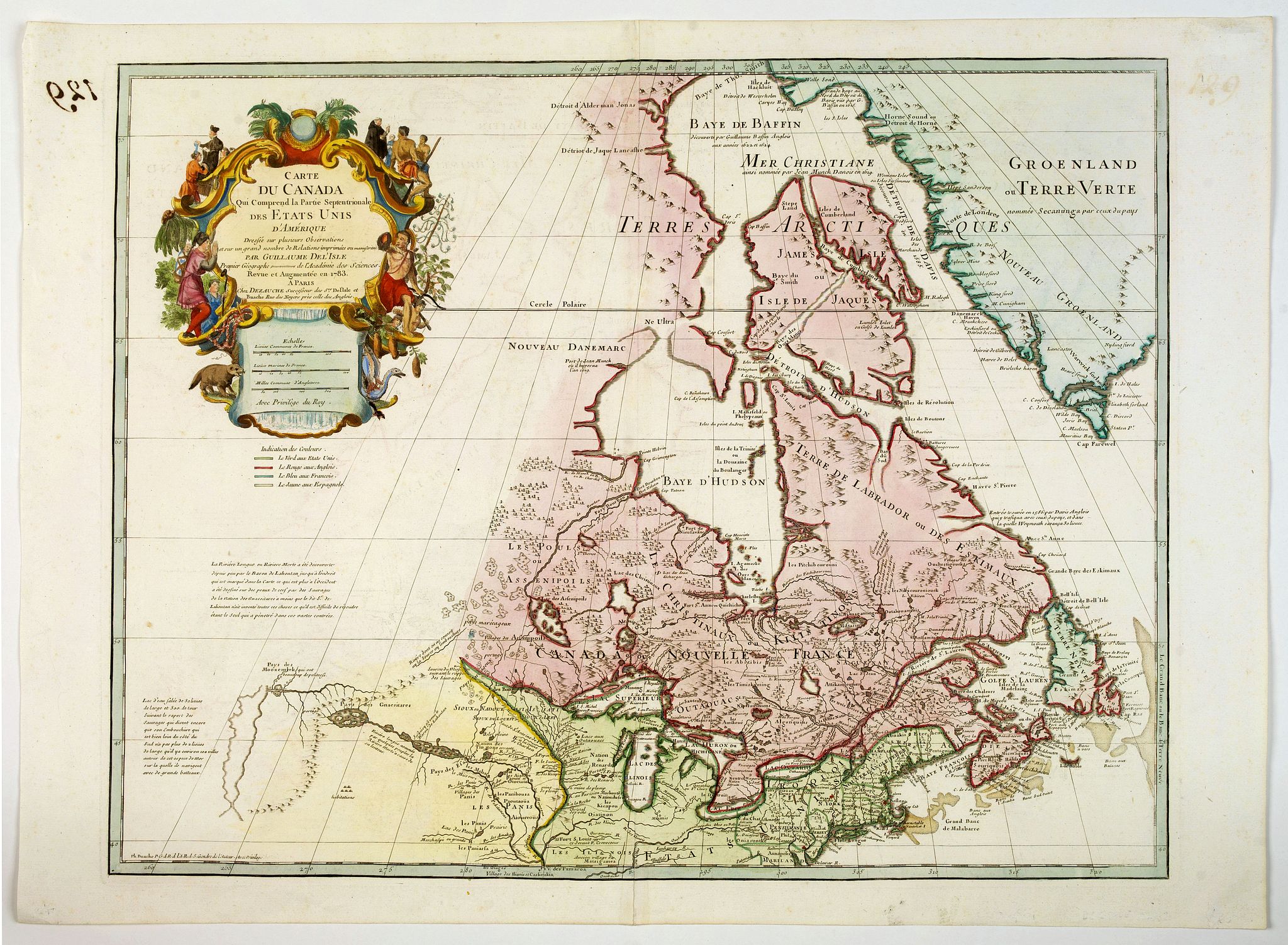 DELISLE / DEZAUCHE., Carte du Canada qui comprend la Partie Septentrionale des Etats Unis d'Amerique. . ., antique map, old maps