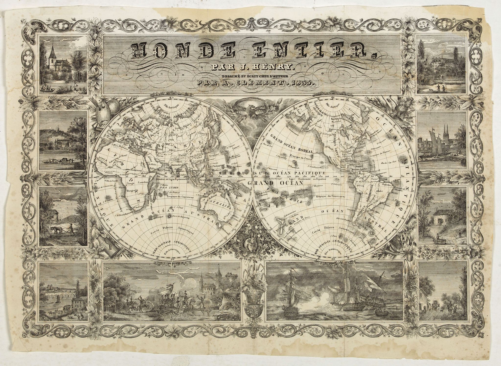 HENRY, J., Monde Entier, Par J. Henry Dressine et Ecrit Chez L' Auteur Par A. Clement., antique map, old maps