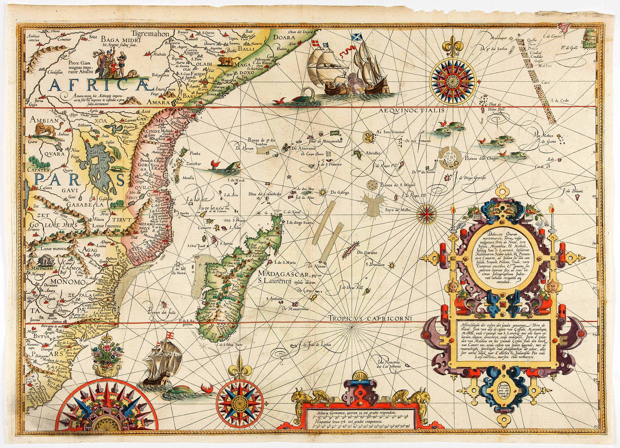 VAN LINSCHOTEN, J.H., Delineatio orarum maritimarum, terræ vulgo indigetatæ terræ do Natal, item Sofalæ, Mozambicæ & Melindæ, insulæque Sancti Laurentii. . . / Affbeeldinghe der custen des landts genaempt terra do Natal, item van alle de custen van Coffala, Mozambique. ., antique map, old maps