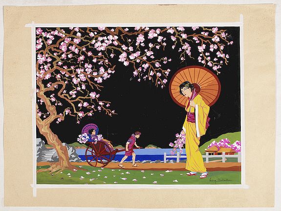 BAUBAUT, L., Art Deco gouache with Japanese scene., antique map, old maps