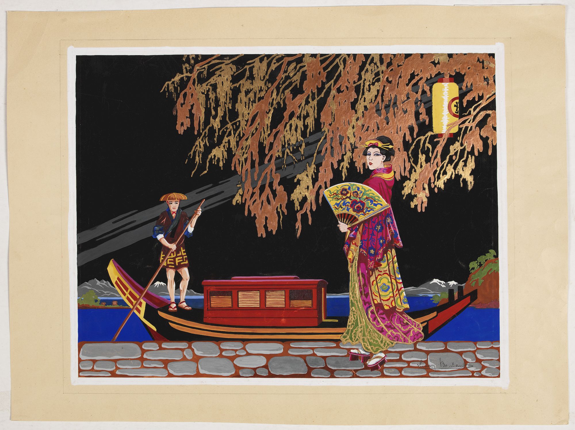 BAUBAUT, L., Art Deco gouache with Japanese scene., antique map, old maps