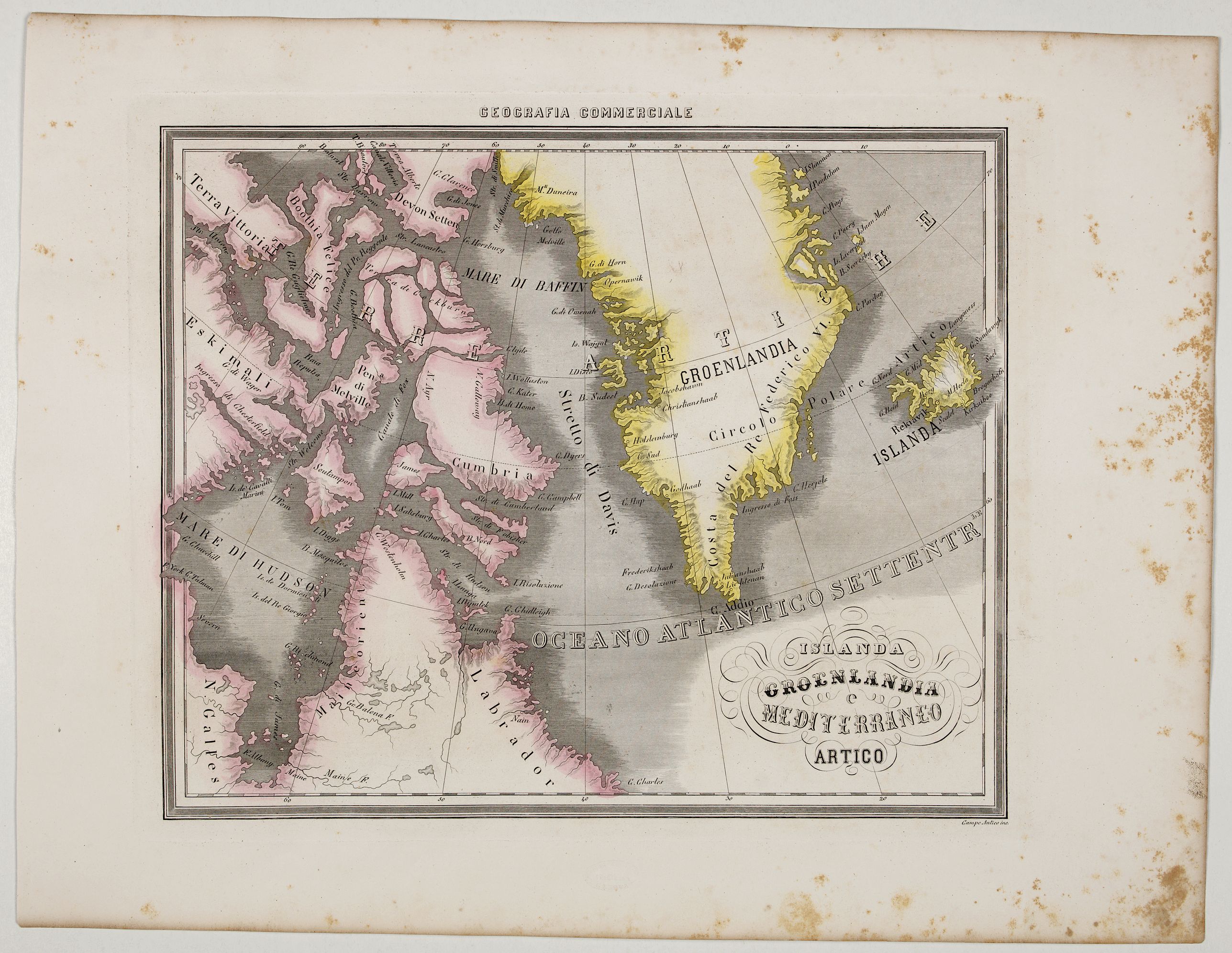 MARMOCCHI, F.C., Islanda Groenlandia e Mediterraneo Artico., antique map, old maps