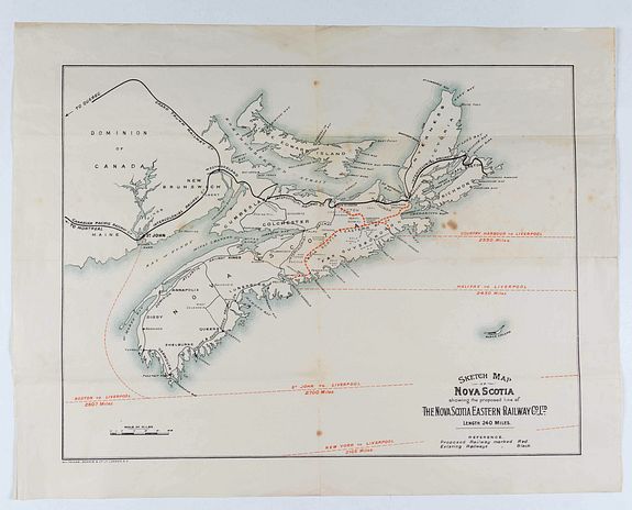WHITEHEAD, MORRIS & CO, Sketch map of Nova Scotia showing the proposed line of the Nova Scotia eastern railway . . ., antique map, old maps