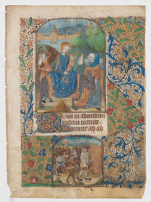 BOOK OF HOURS, Leaf from a French, probably Breton, Book of Hours, written on vellum, with arch topped miniature showing the Flight of the Holy family into Egypt., antique map, old maps