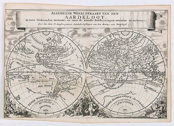 SANSON, N., Algemeene Wereldkaart van den Aardkloot. In twee Vlakronden vertoont, en naar de niewste Beschryvingen overzein en verbetert. . ., antique map, old maps