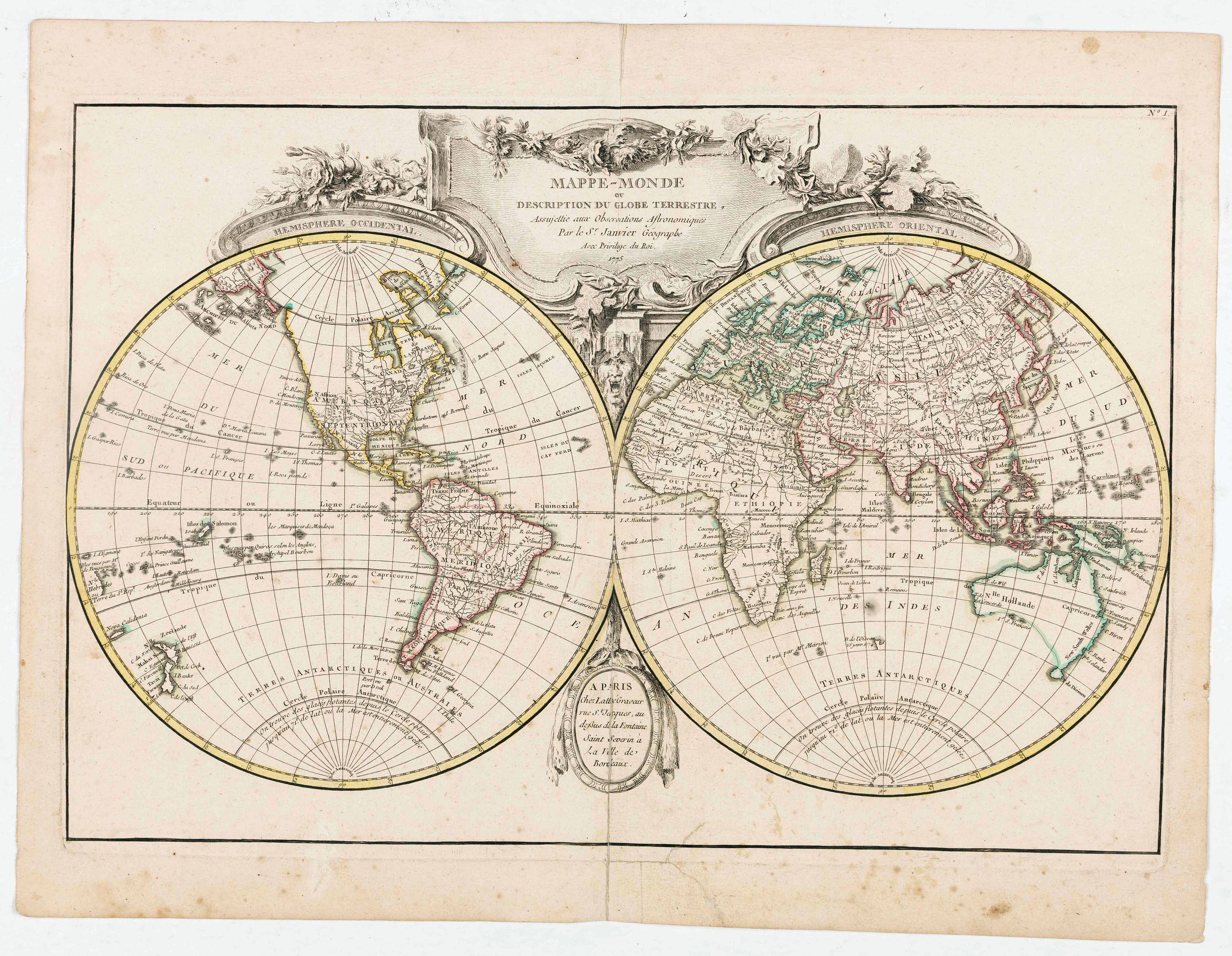 LATTRÉ / JANVIER,Sr., Mappe-Monde ou Description du Globe Terrestre.., antique map, old maps