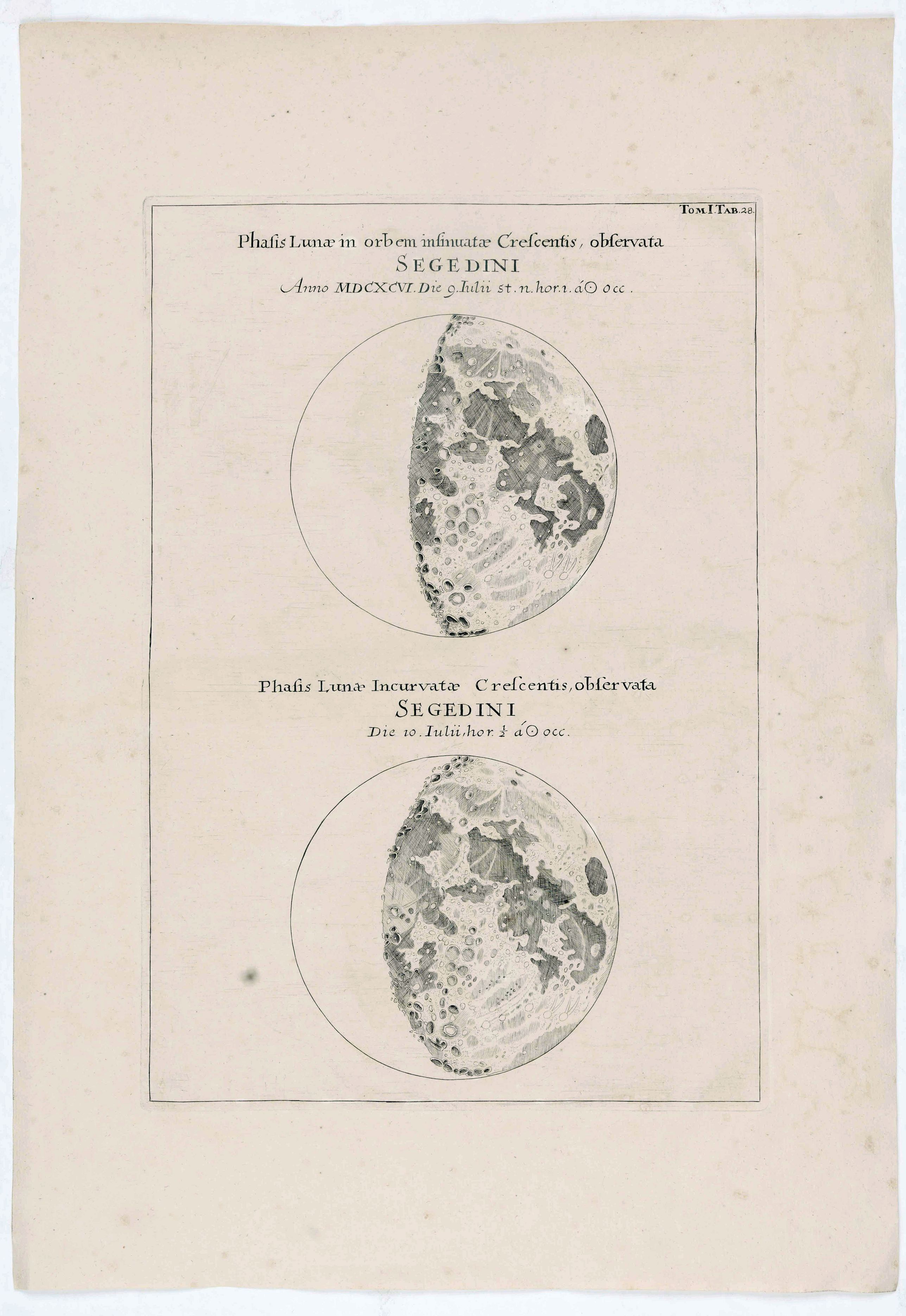 ANONYMOUS, Phasis Lunae in orbem insinuatae Crescentis, observata Segedini Anno MDCXCVI Die 9. Julii st. N. hor.i. a Oocc., antique map, old maps
