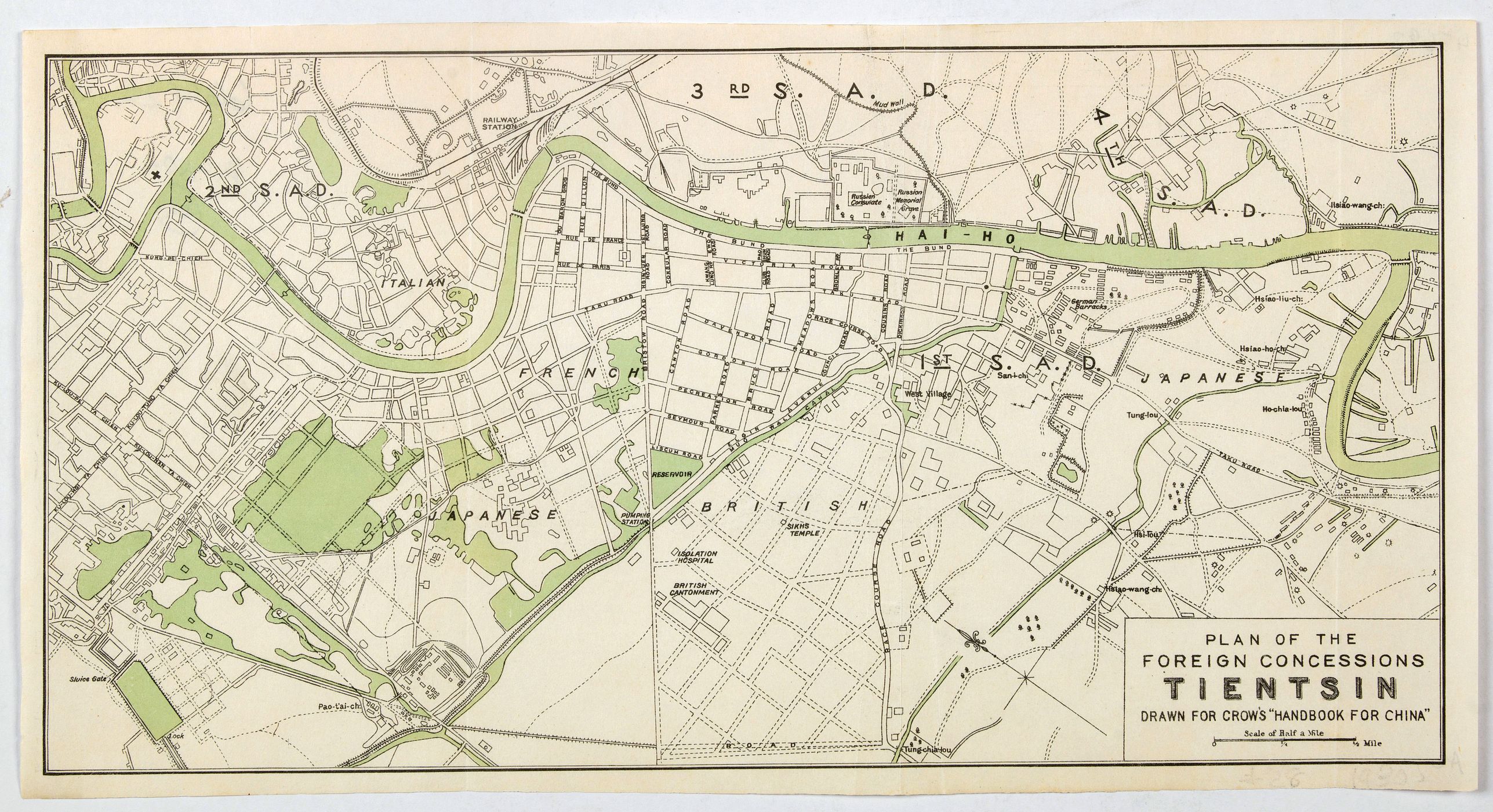 CROW, C., Plan of the Concessions Tientsin., antique map, old maps