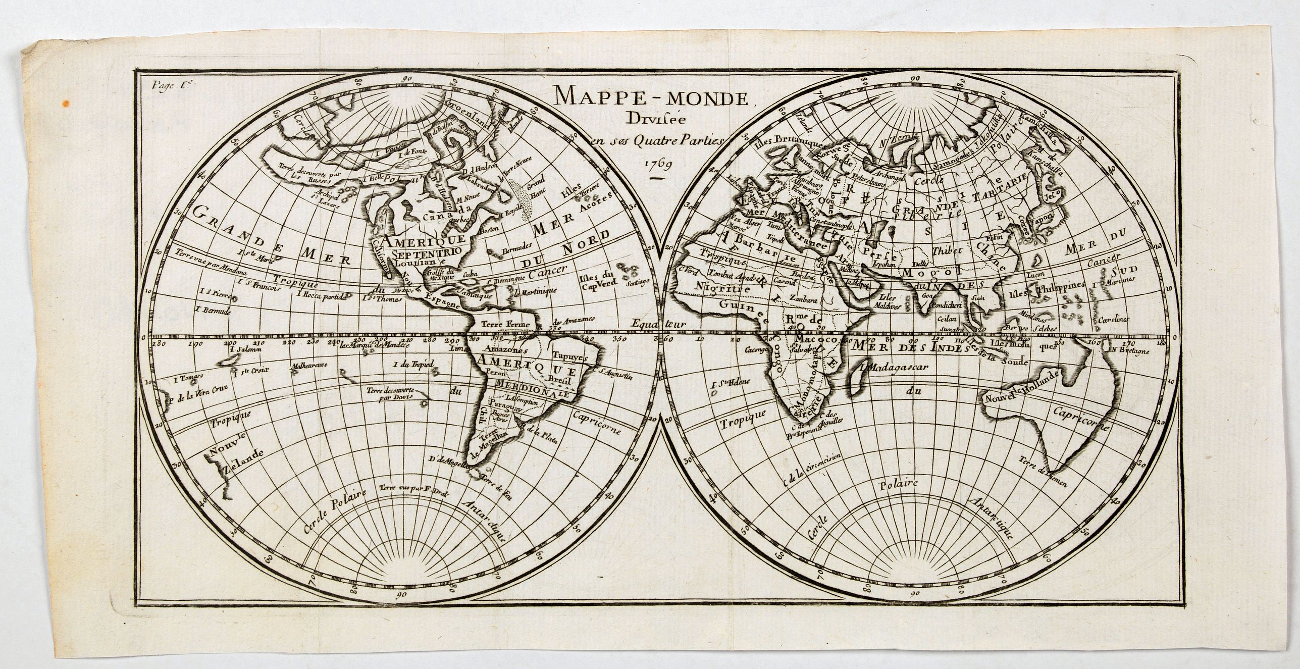 ANONYMOUS., Mappe-Monde Divisee en ses Quatre Parties 1769., antique map, old maps