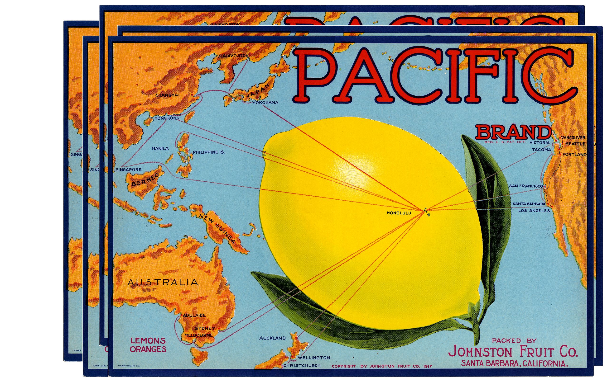 JOHNSTON FRUIT CO., Five Pacific Brand crate labels, antique map, old maps