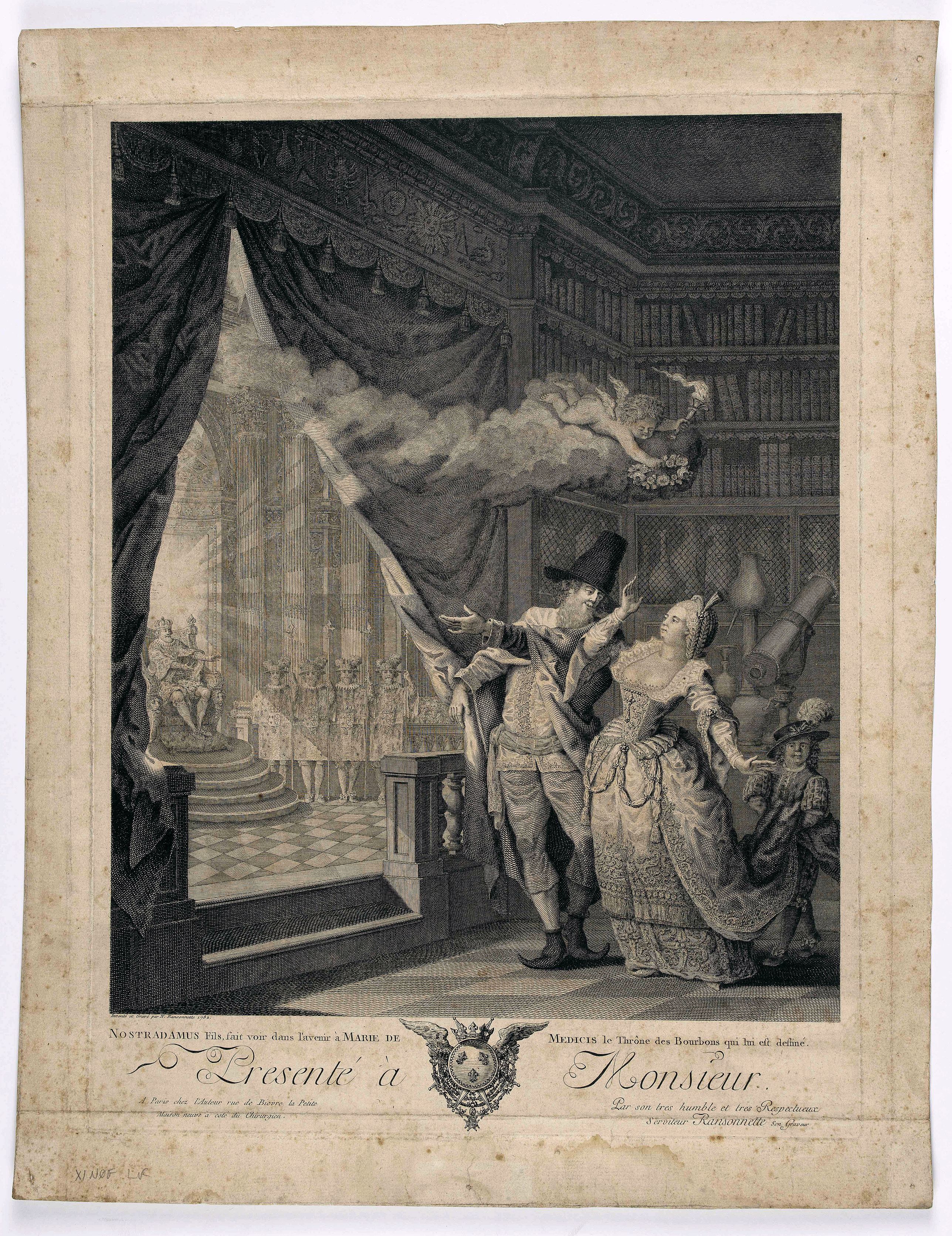 RANSONNETTE, N., Nostradamus fils, fait voir dans l'avenir à Marie de Medicis le thrône des Bourbons qui lui est destiné. . ., antique map, old maps