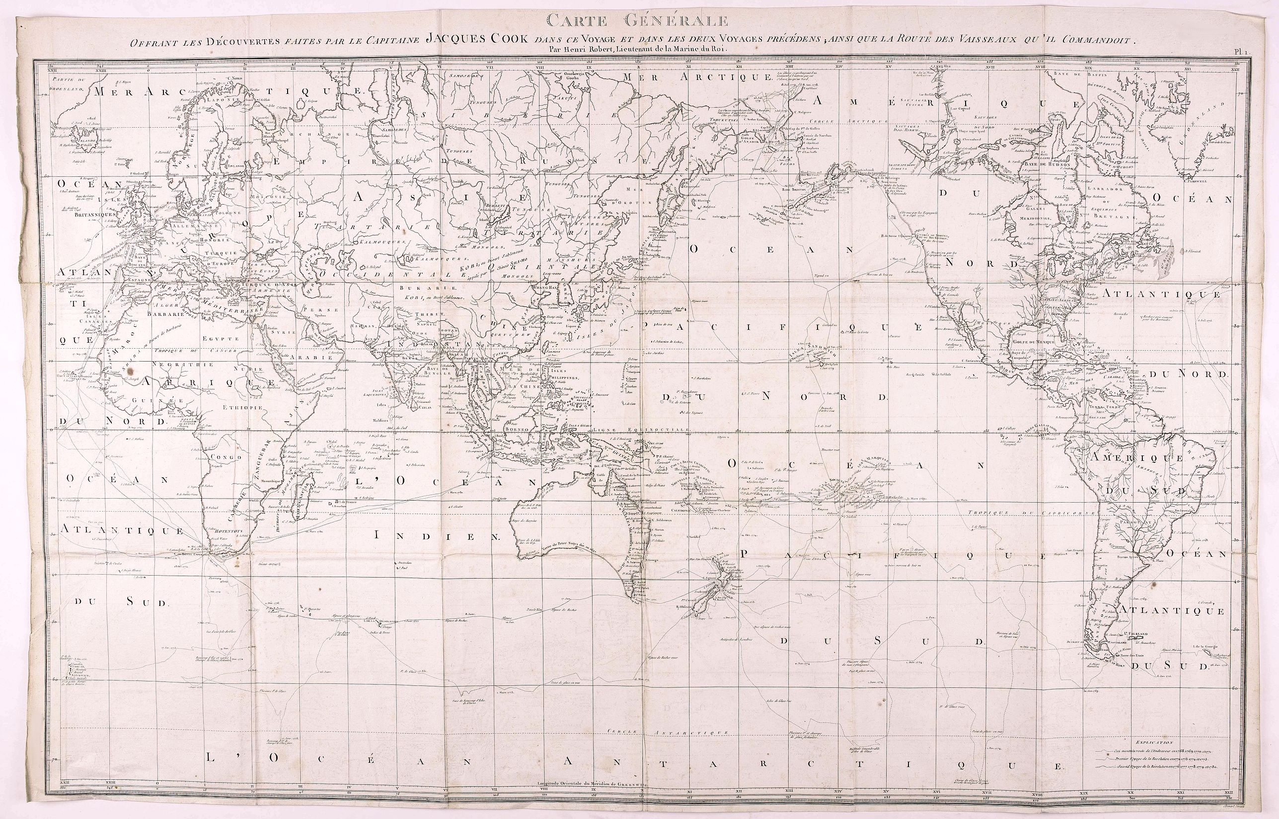 ROBERT, H., Carte générale offrant les découvertes faites par le capitaine Jacques Cook dans ce voyage et dans les deux voyages précédens, ainsi que la route des vaisseaux qu'il commandoit / Par Henri Robert, lieutenant de la Marine du Roi., antique map, old maps